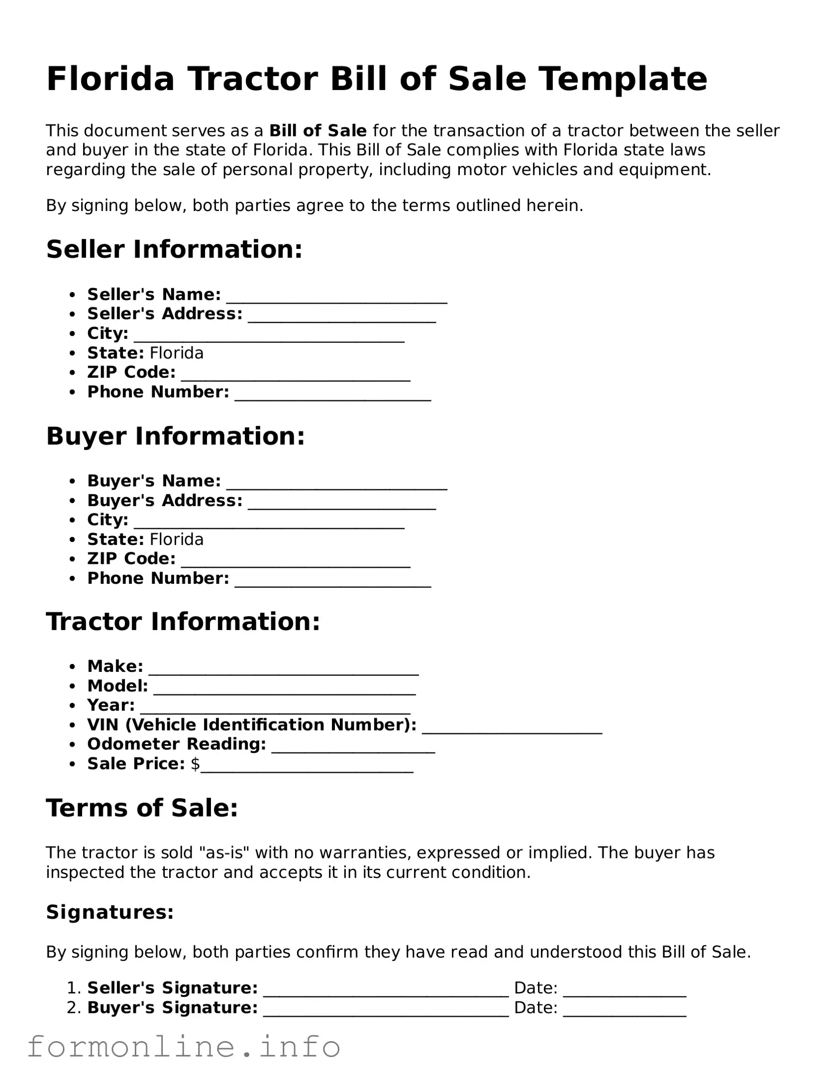 Free Tractor Bill of Sale Template for Florida State