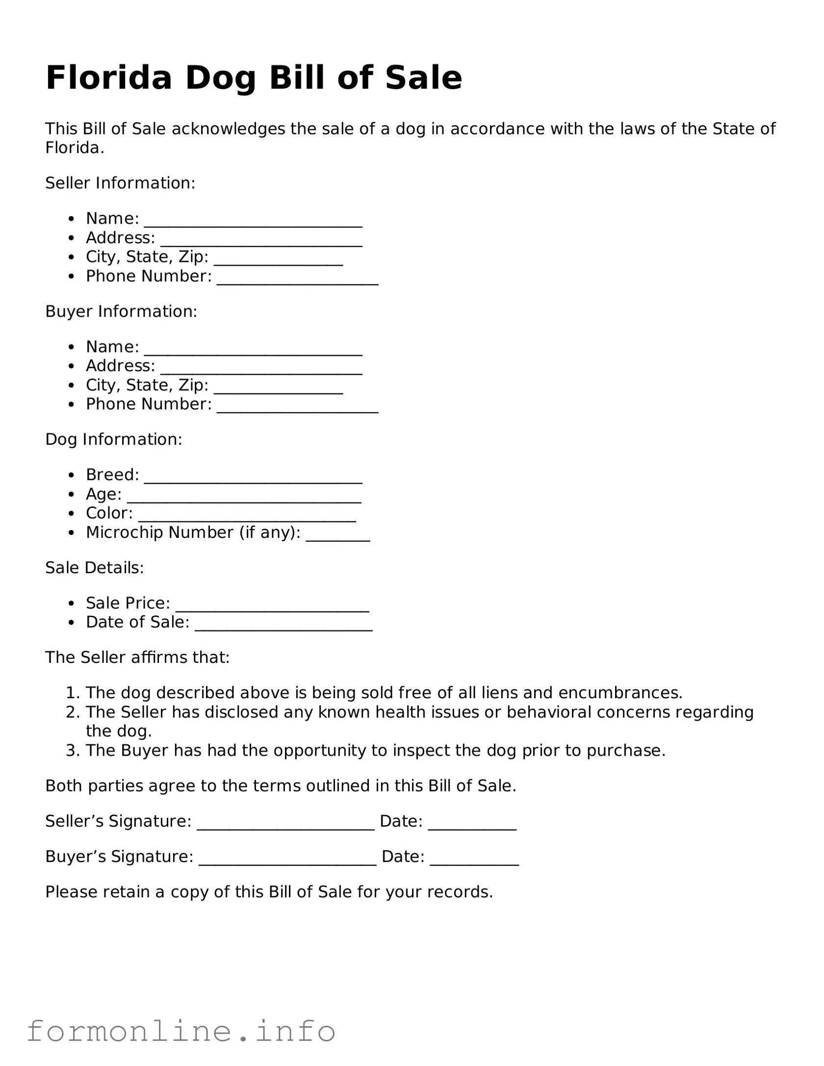 Free Dog Bill of Sale Template for Florida State