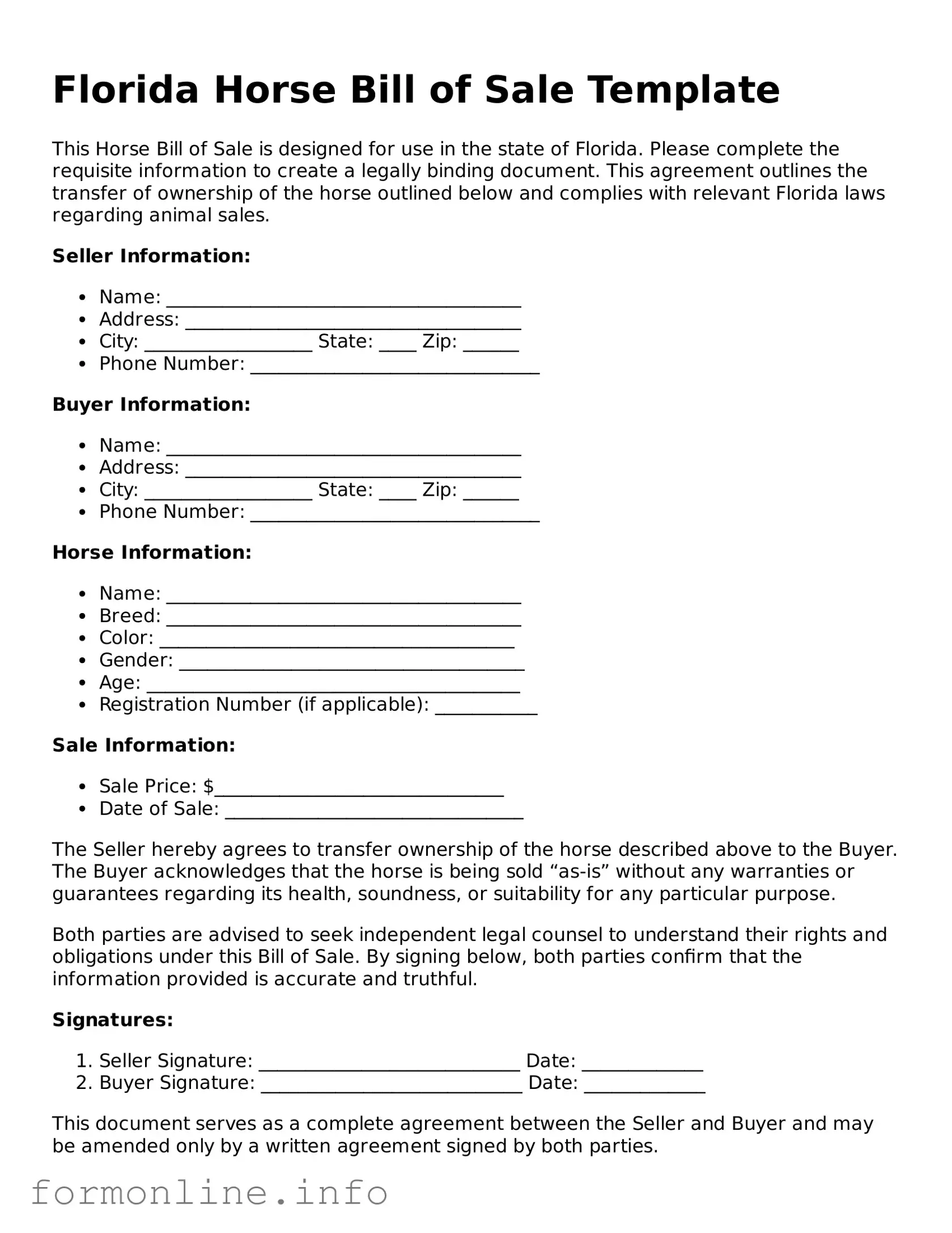 Free Horse Bill of Sale Template for Florida State