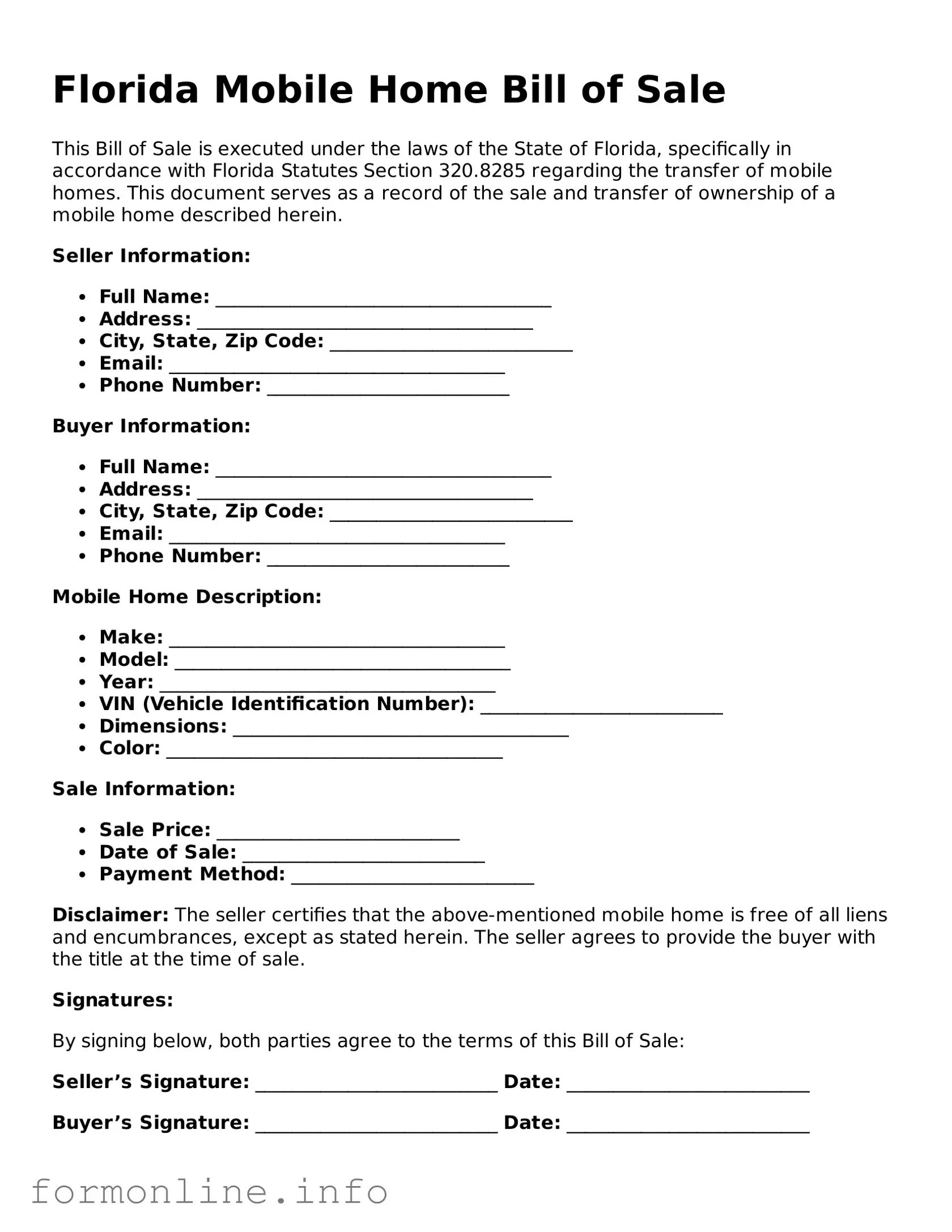 Free Mobile Home Bill of Sale Template for Florida State
