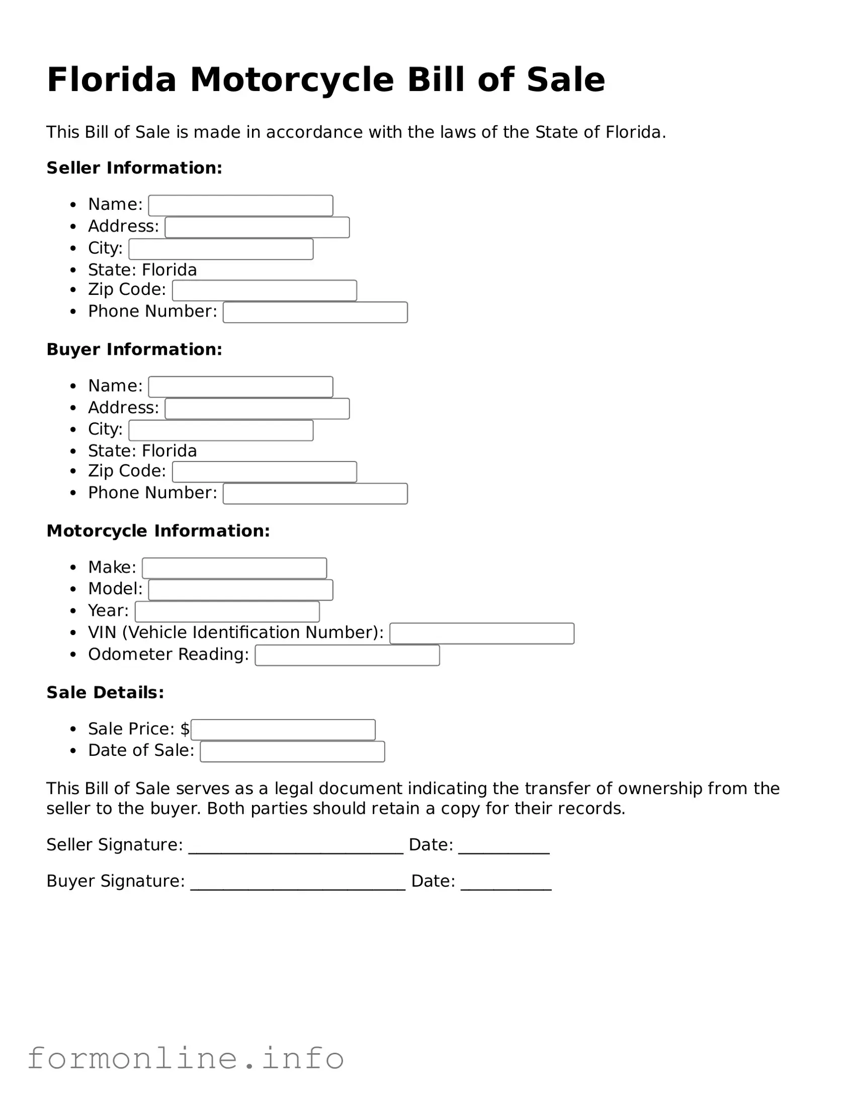 Free Motorcycle Bill of Sale Template for Florida State