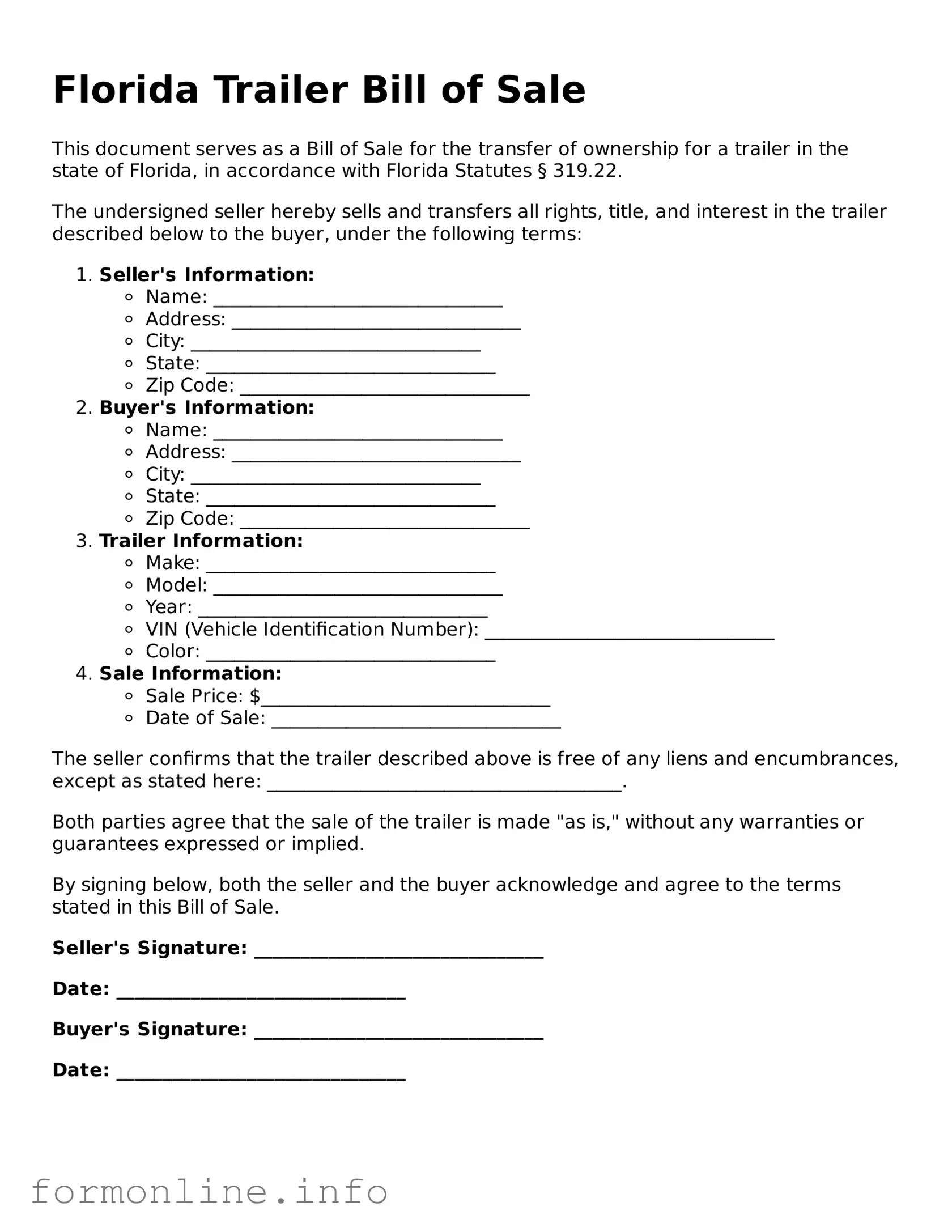 Free Trailer Bill of Sale Template for Florida State