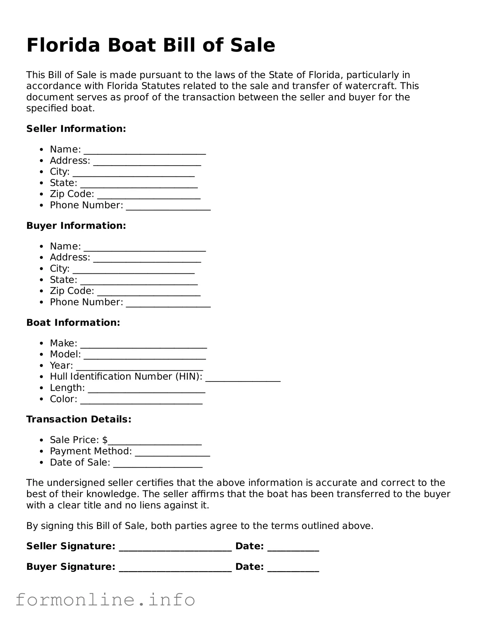 Free Boat Bill of Sale Template for Florida State