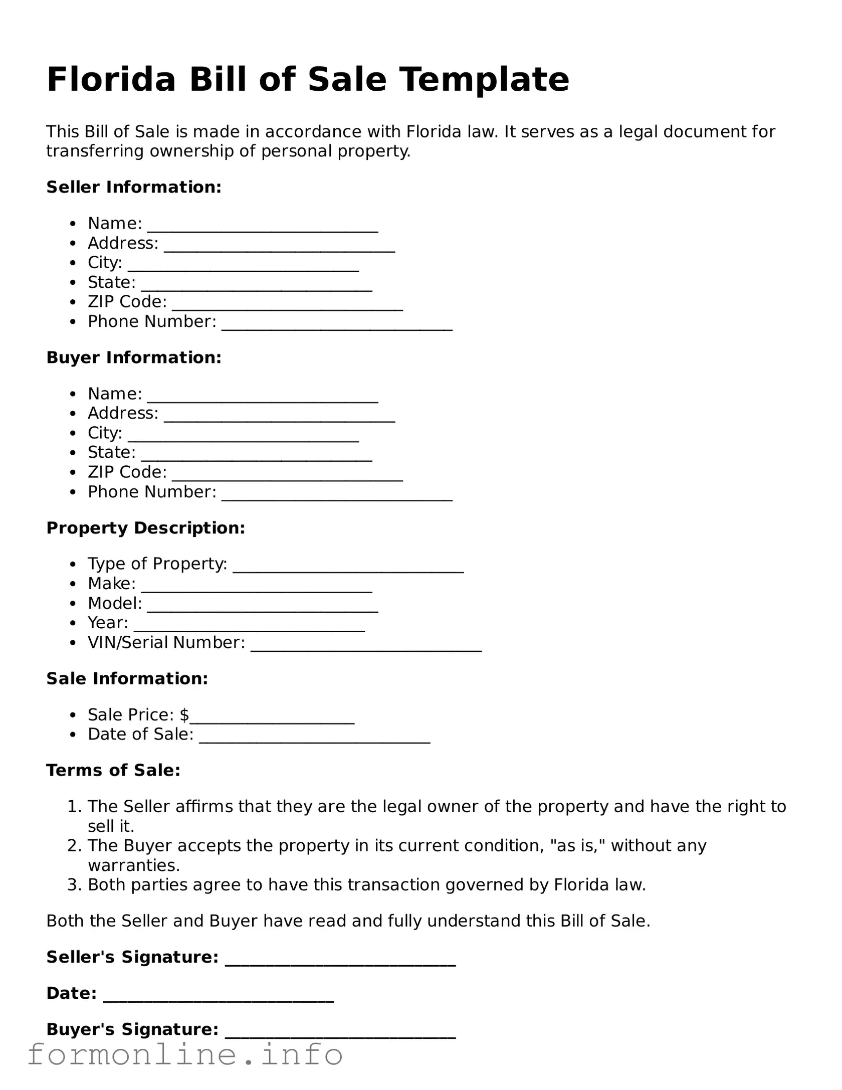 Free Bill of Sale Template for Florida State