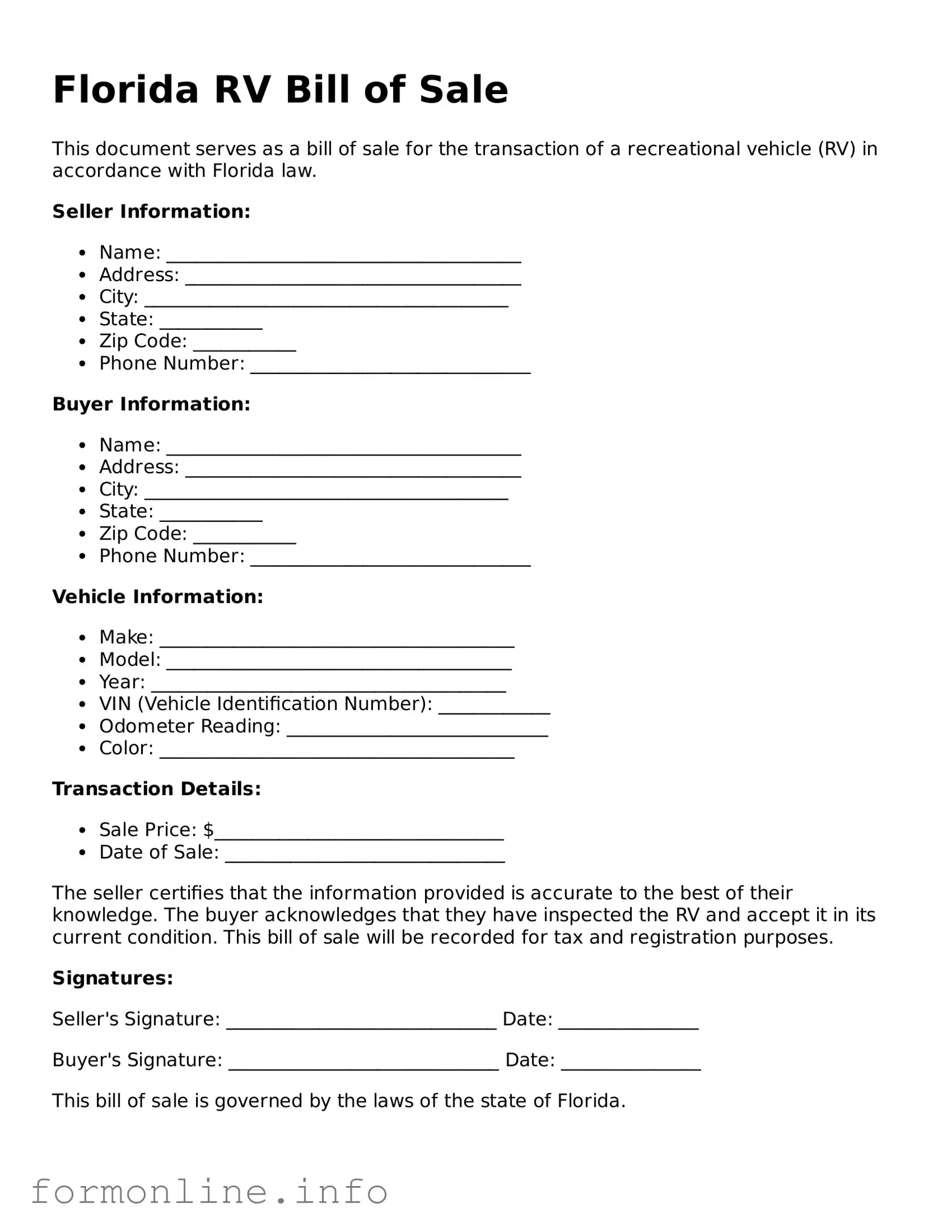 Free RV Bill of Sale Template for Florida State