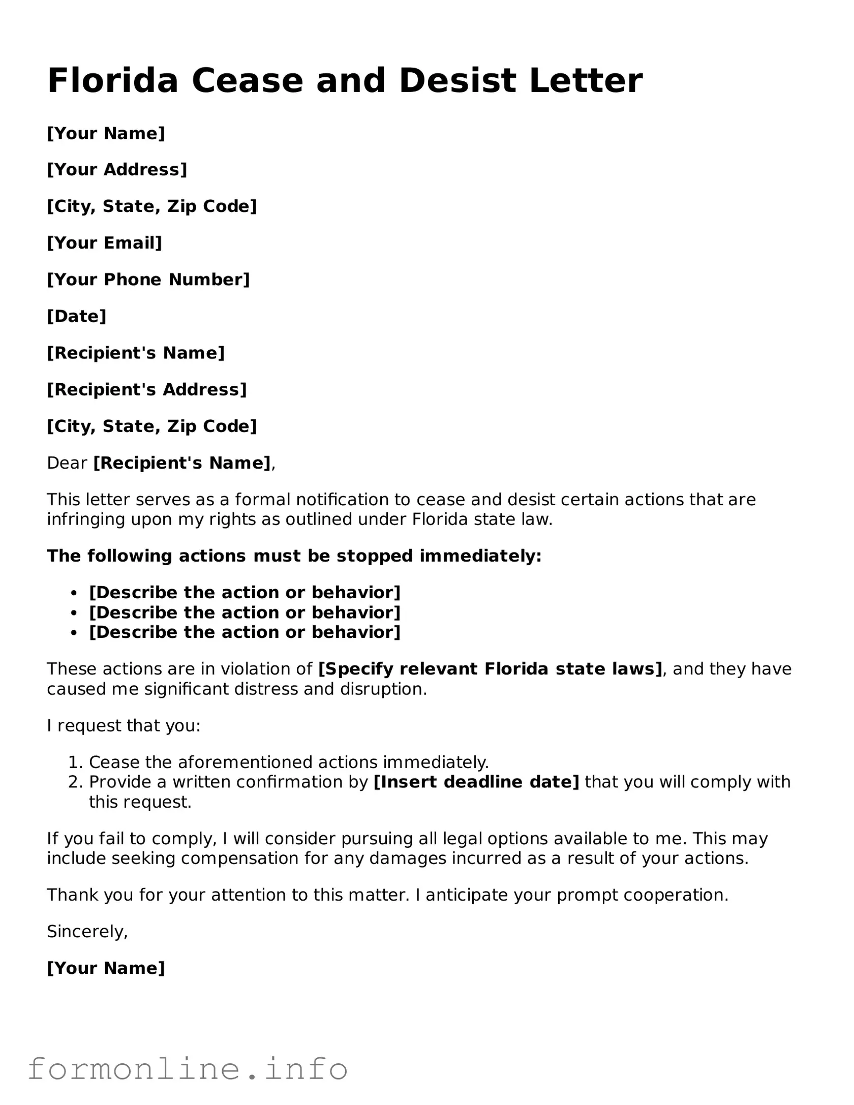 Free Cease and Desist Letter Template for Florida State