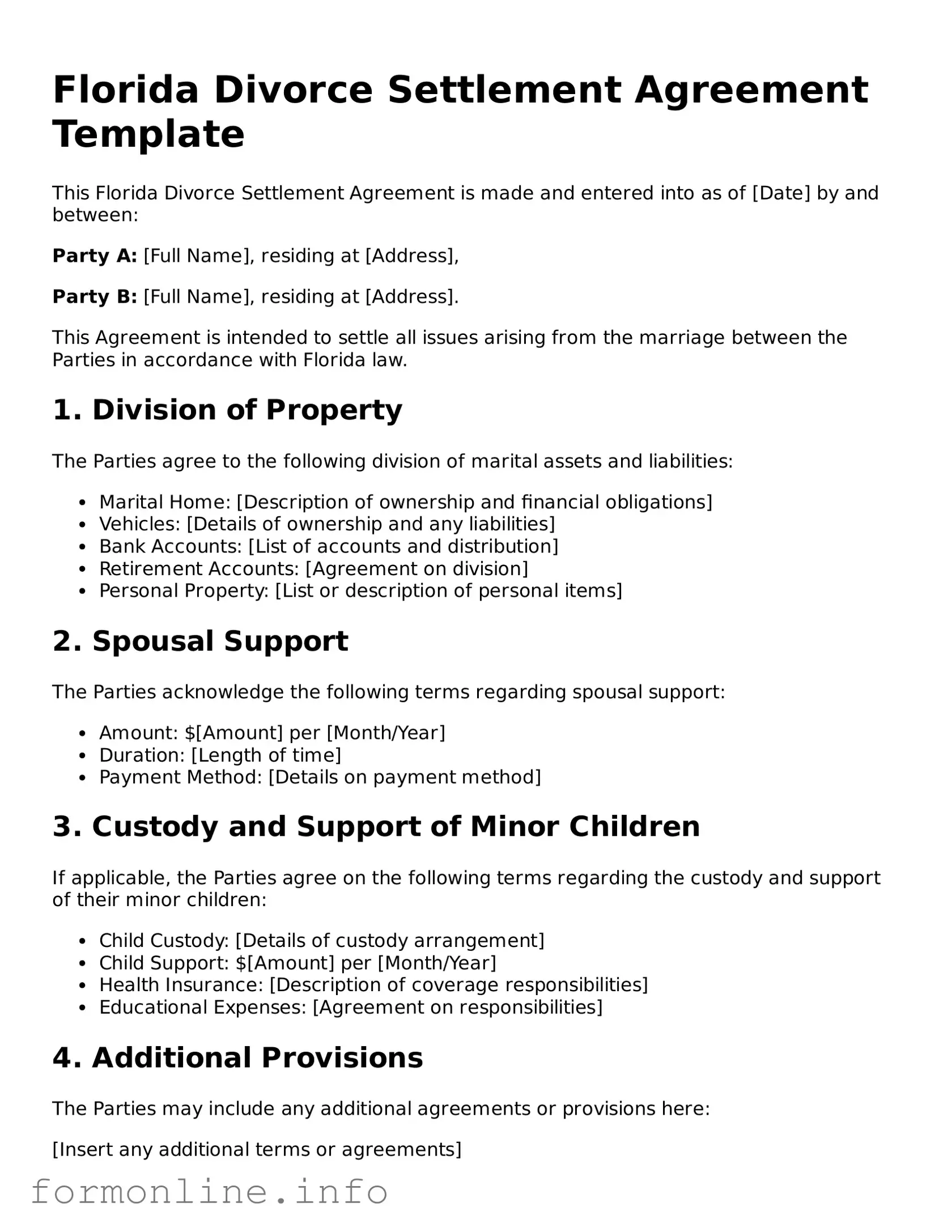 Free Divorce Settlement Agreement Template for Florida State