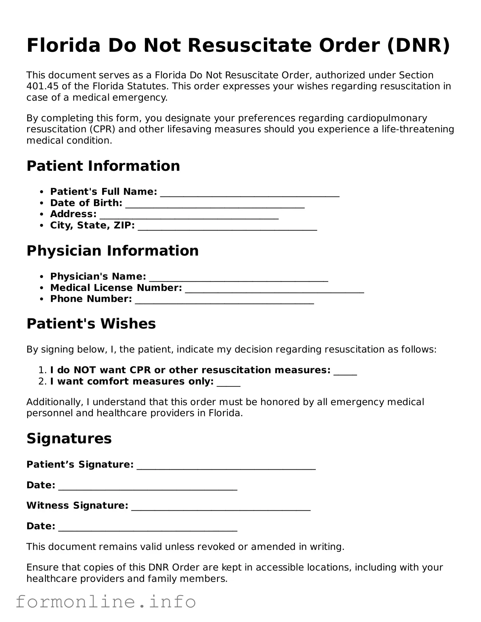 Free Do Not Resuscitate Order Template for Florida State