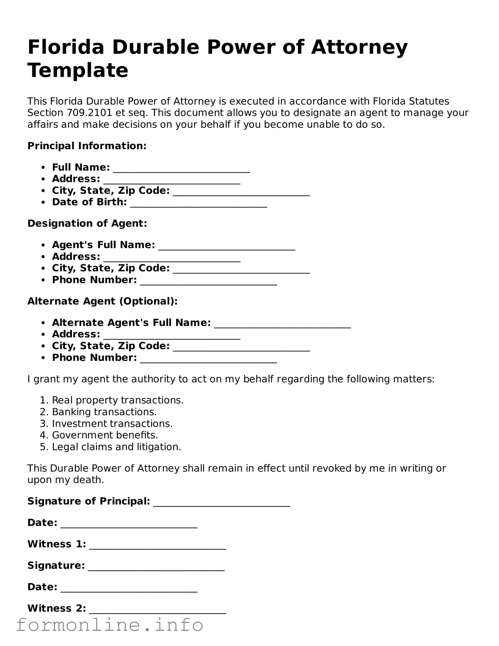 Free Durable Power of Attorney Template for Florida State