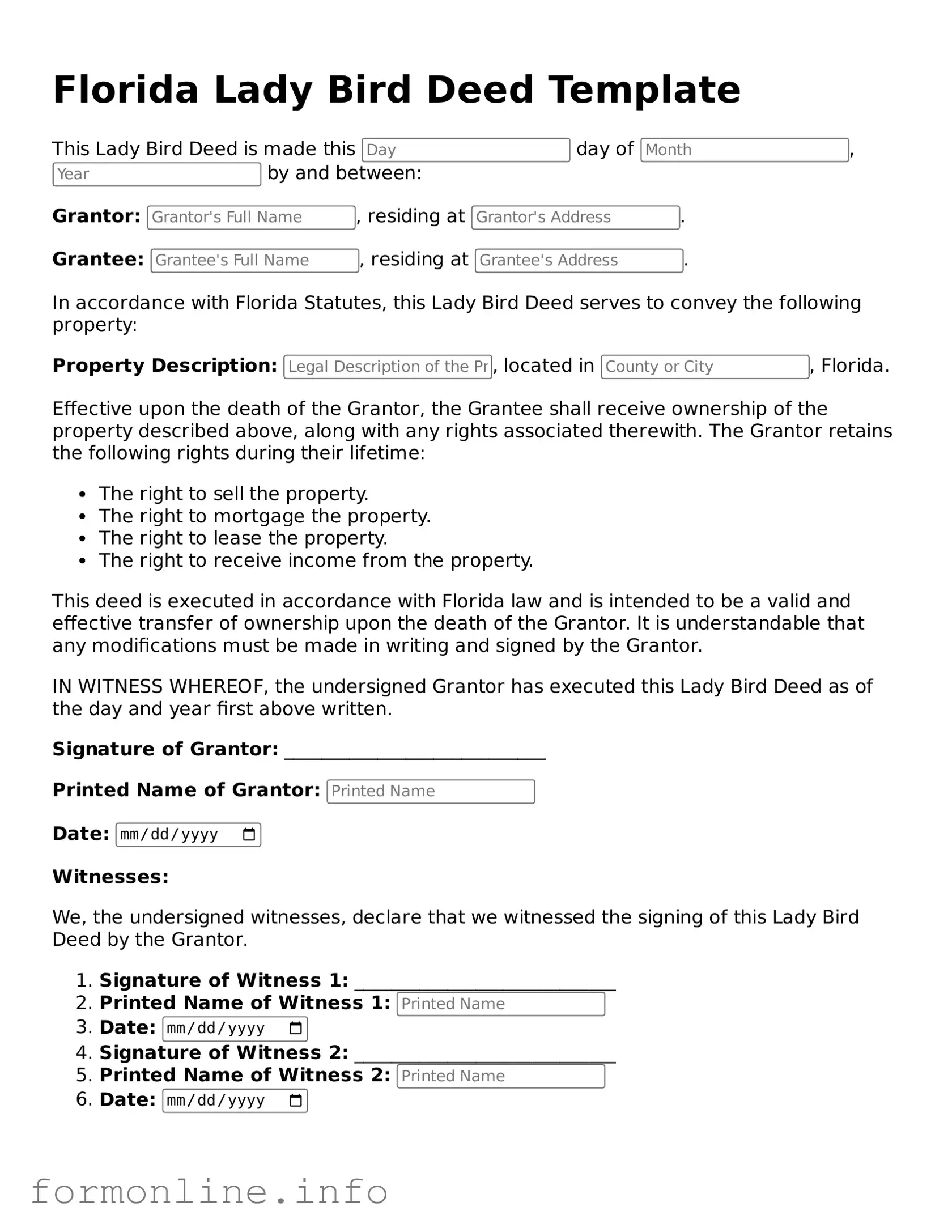 Free Lady Bird Deed Template for Florida State