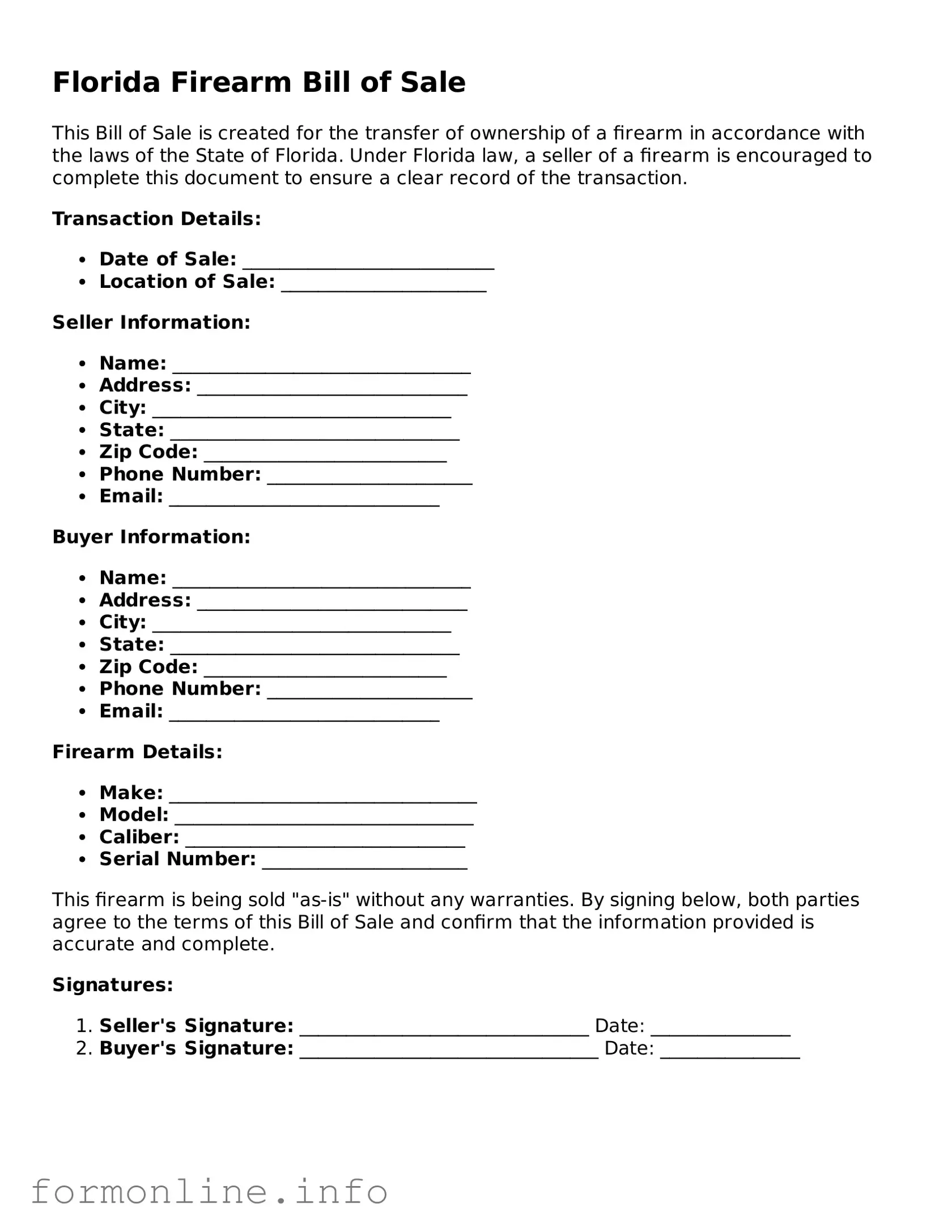 Free Firearm Bill of Sale Template for Florida State