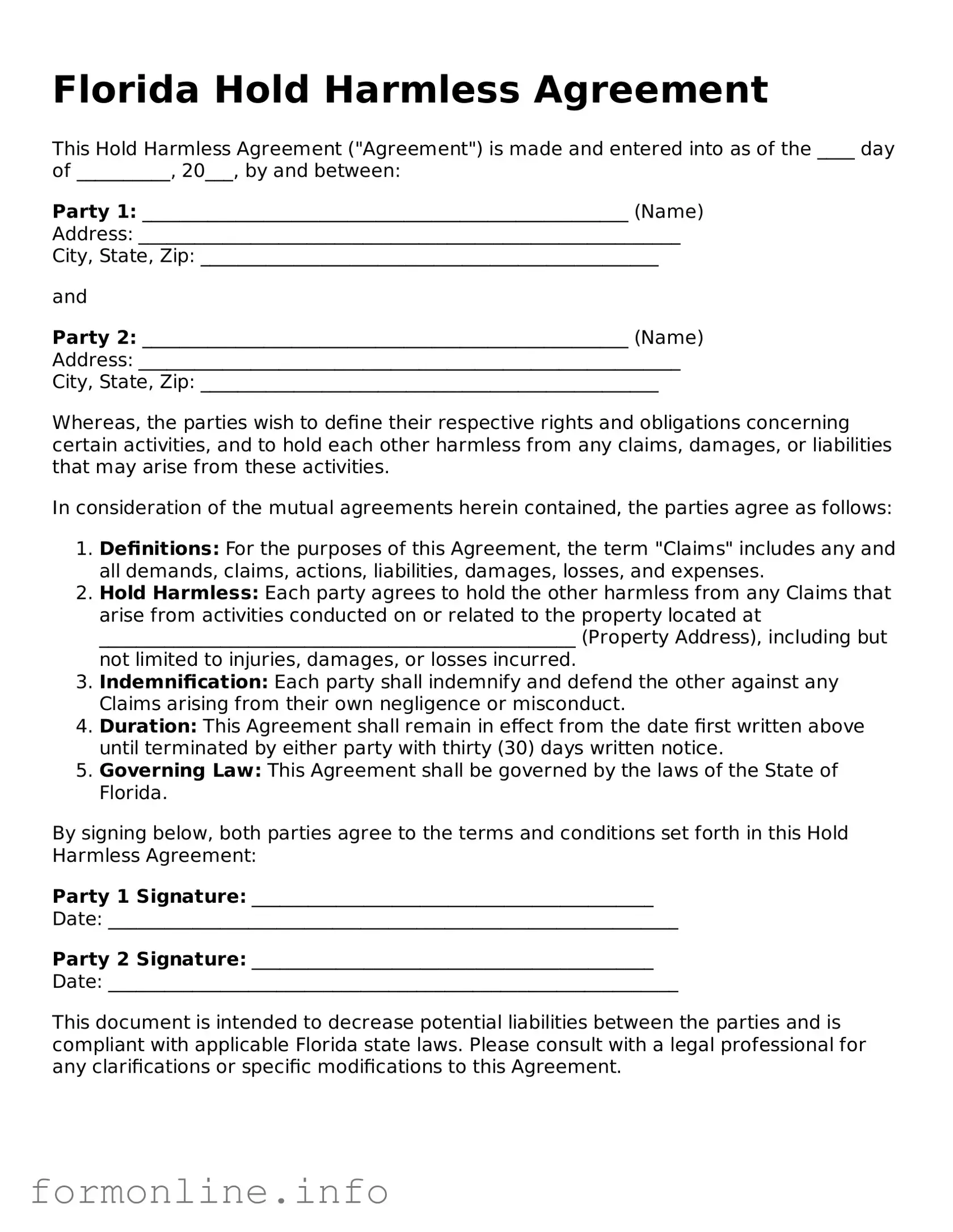 Free Hold Harmless Agreement Template for Florida State