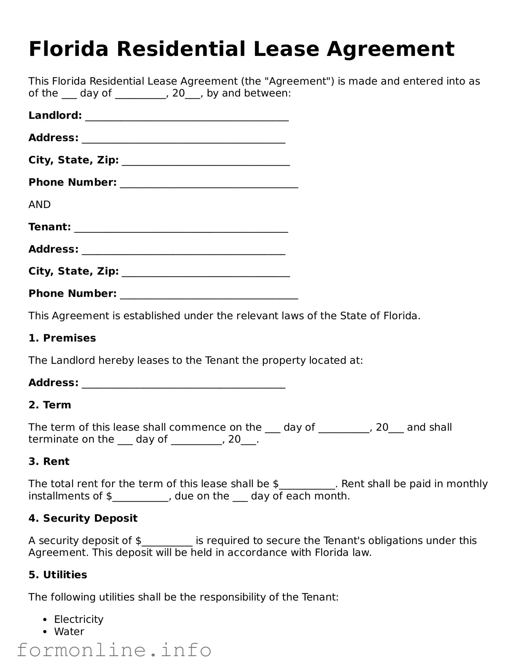 Free Residential Lease Agreement Template for Florida State