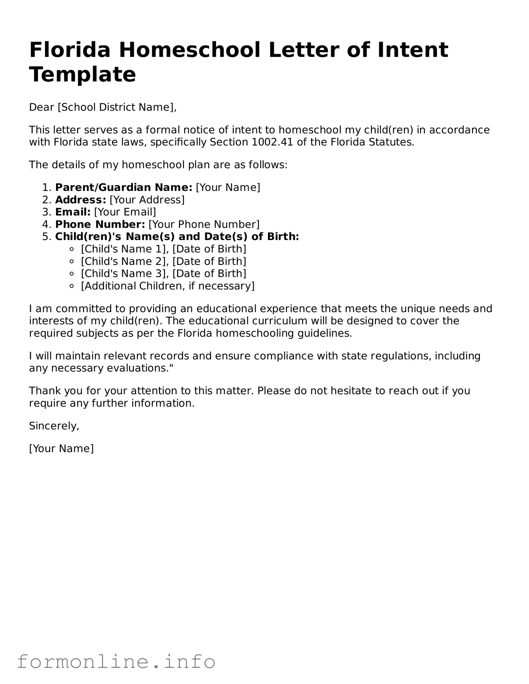 Free Homeschool Letter of Intent Template for Florida State