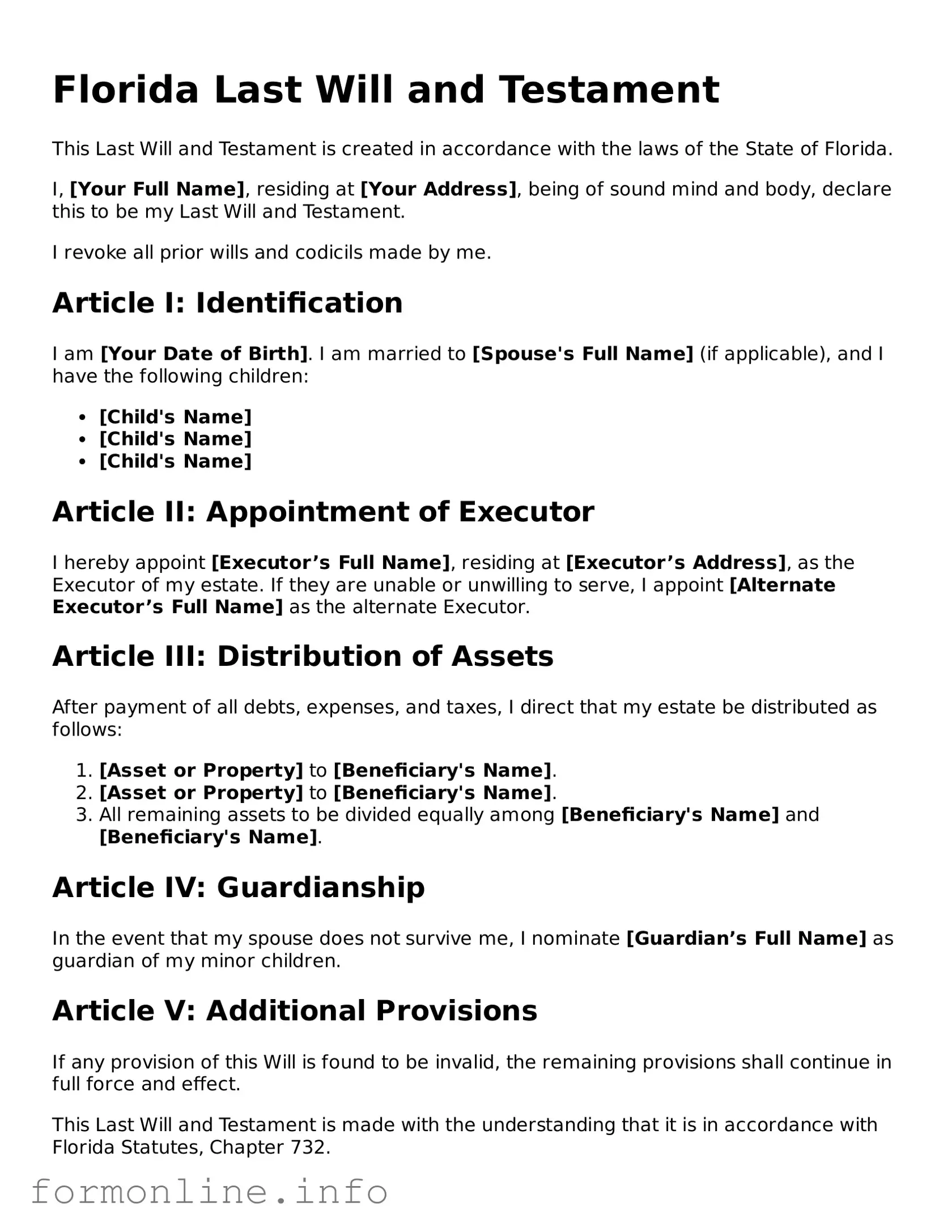 Free Last Will and Testament Template for Florida State