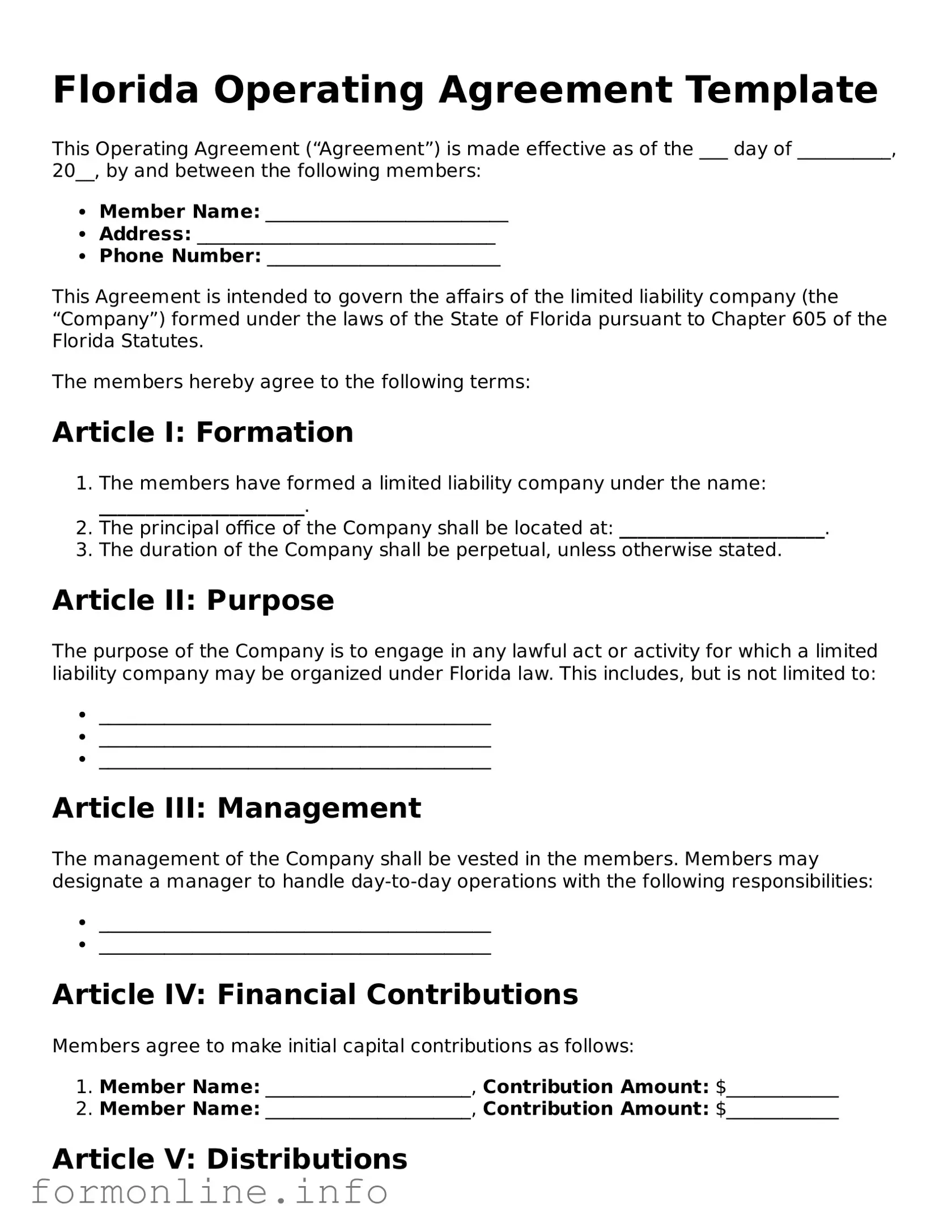 Free Operating Agreement Template for Florida State