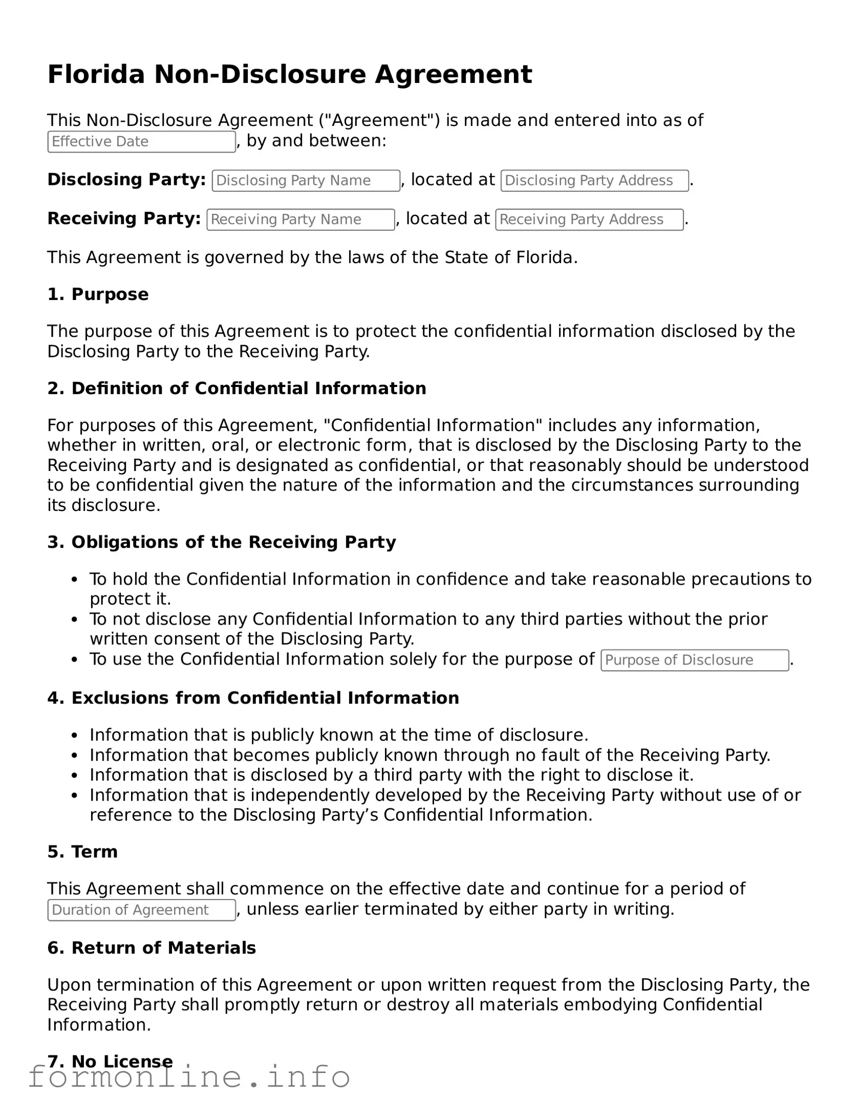 Free Non-disclosure Agreement Template for Florida State