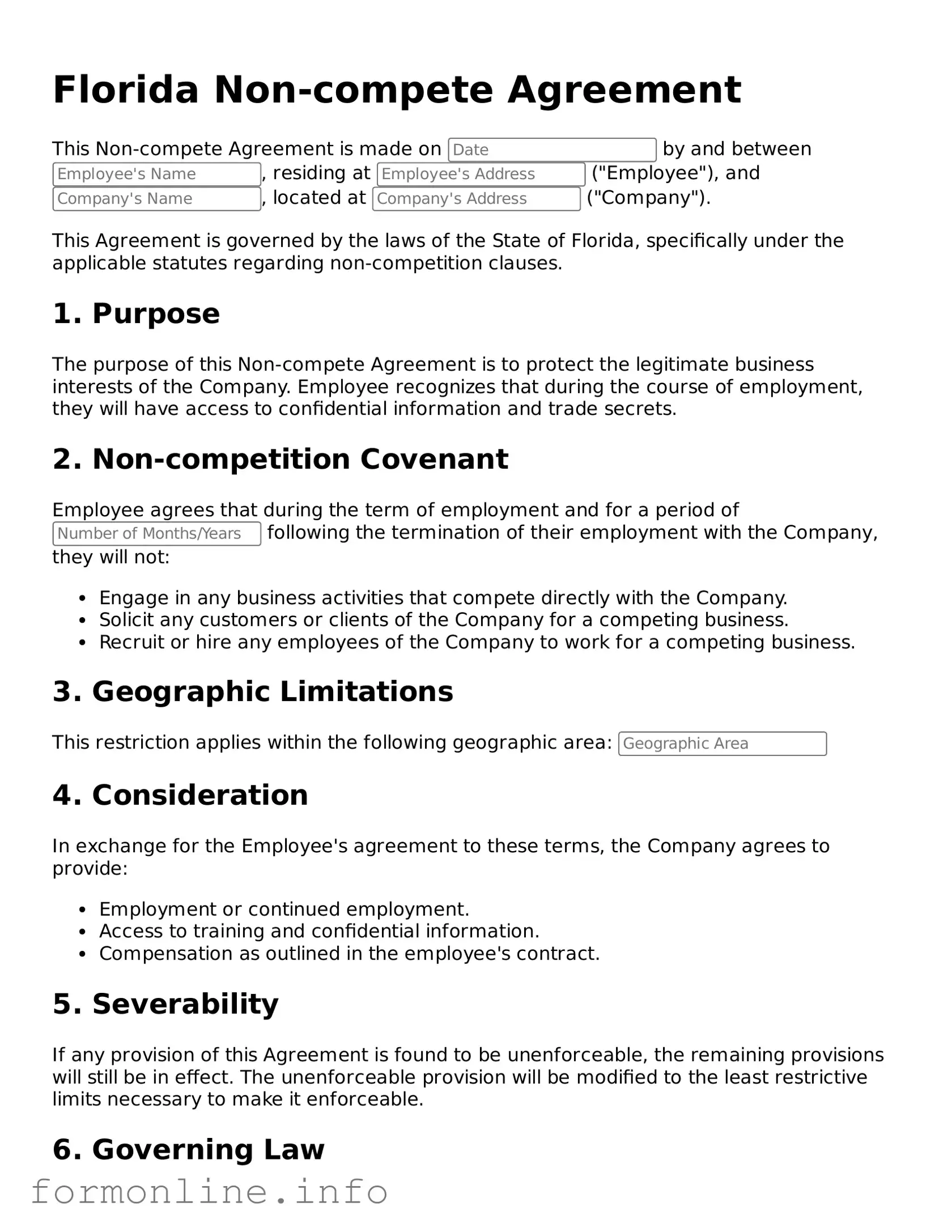 Free Non-compete Agreement Template for Florida State