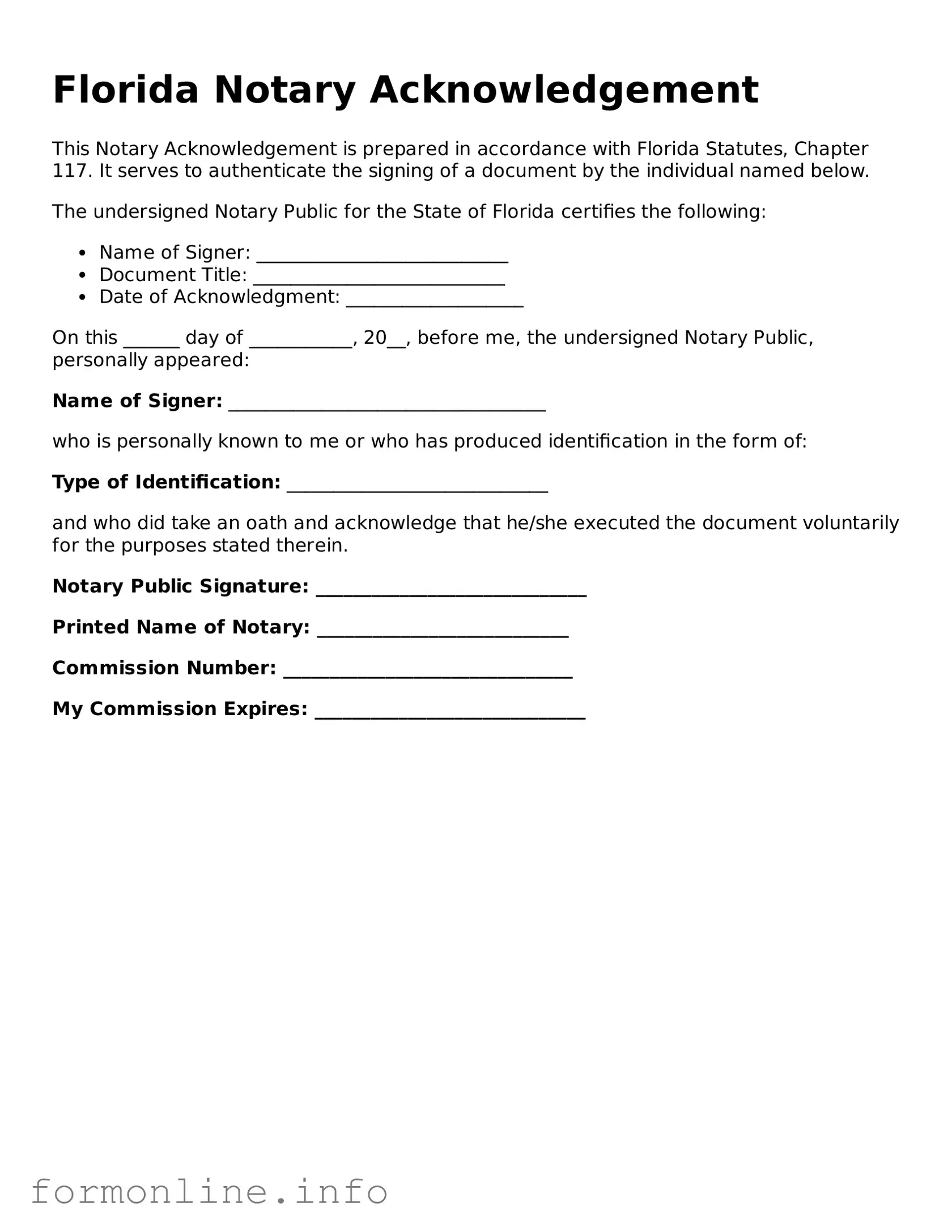 Free Notary Acknowledgement Template for Florida State