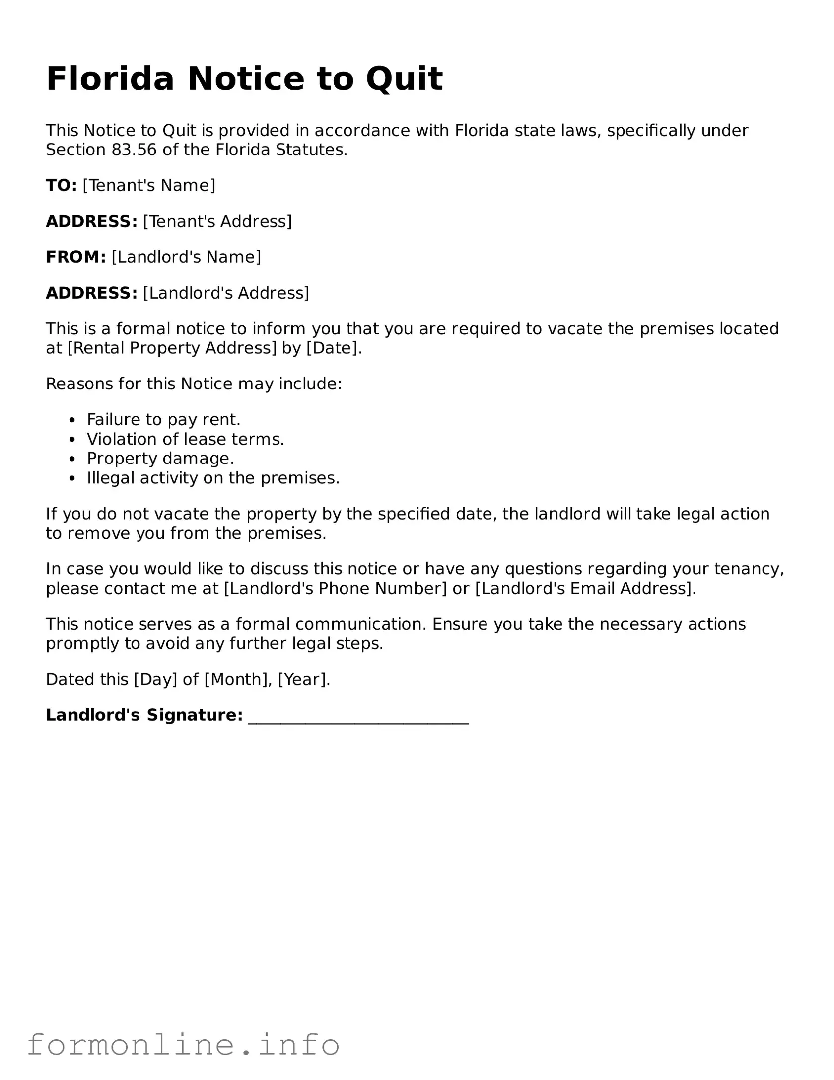 Free Notice to Quit Template for Florida State