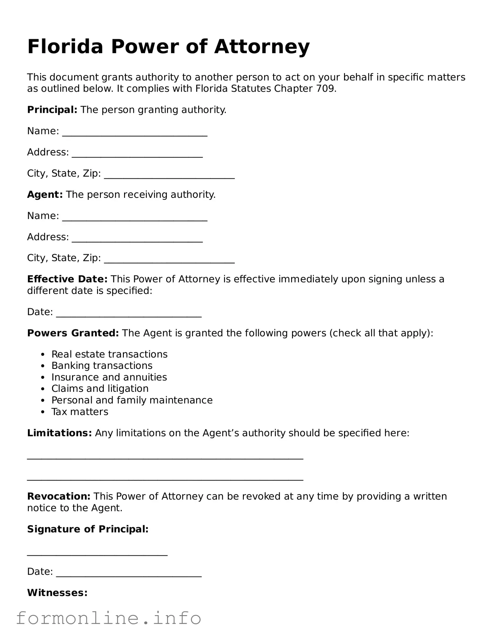 Free Power of Attorney Template for Florida State