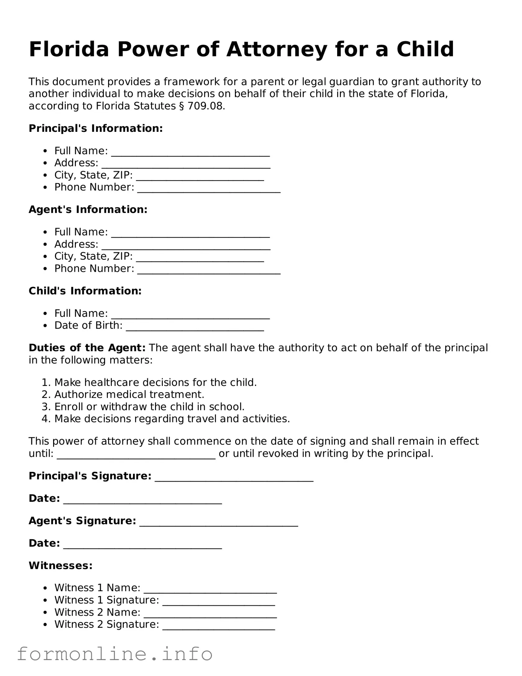 Free Power of Attorney for a Child Template for Florida State