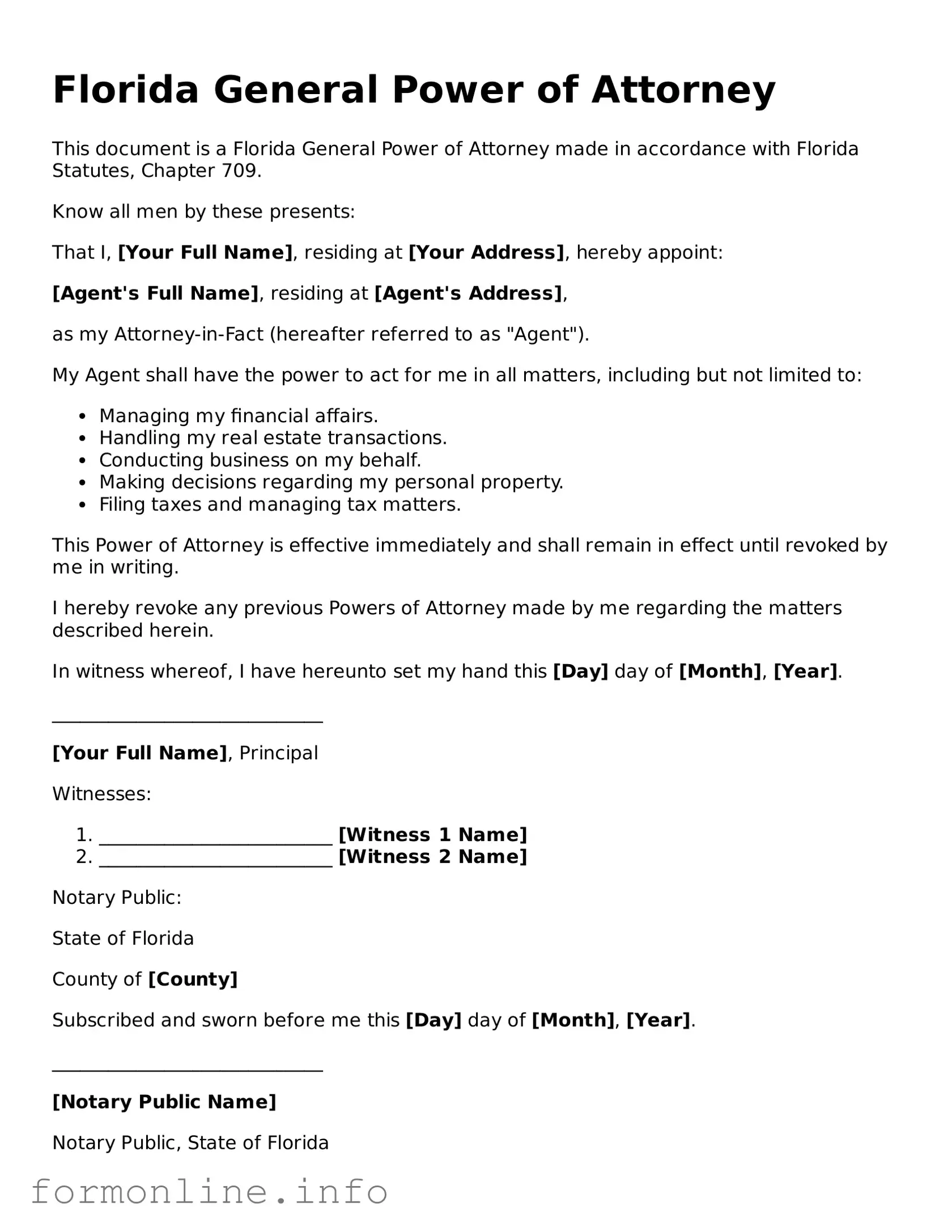 Free General Power of Attorney Template for Florida State