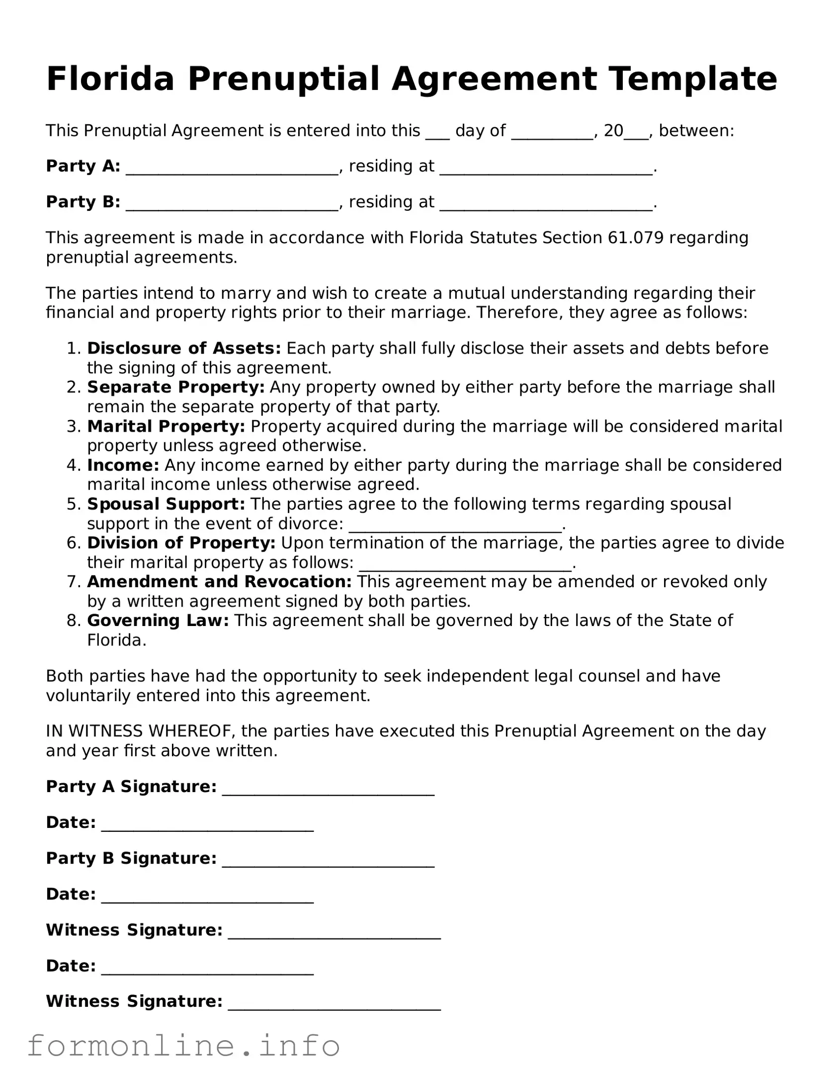 Free Prenuptial Agreement Template for Florida State
