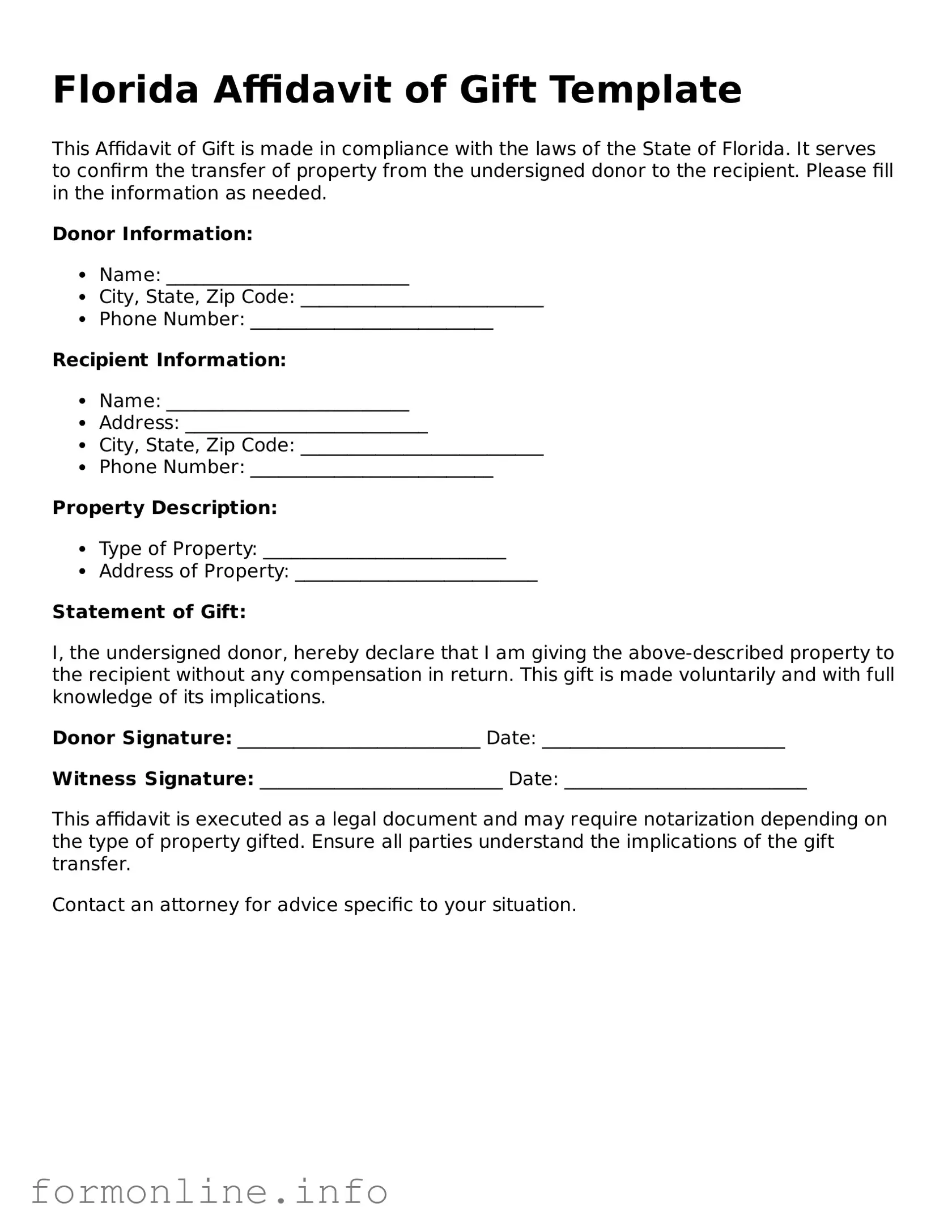Free Affidavit of Gift Template for Florida State