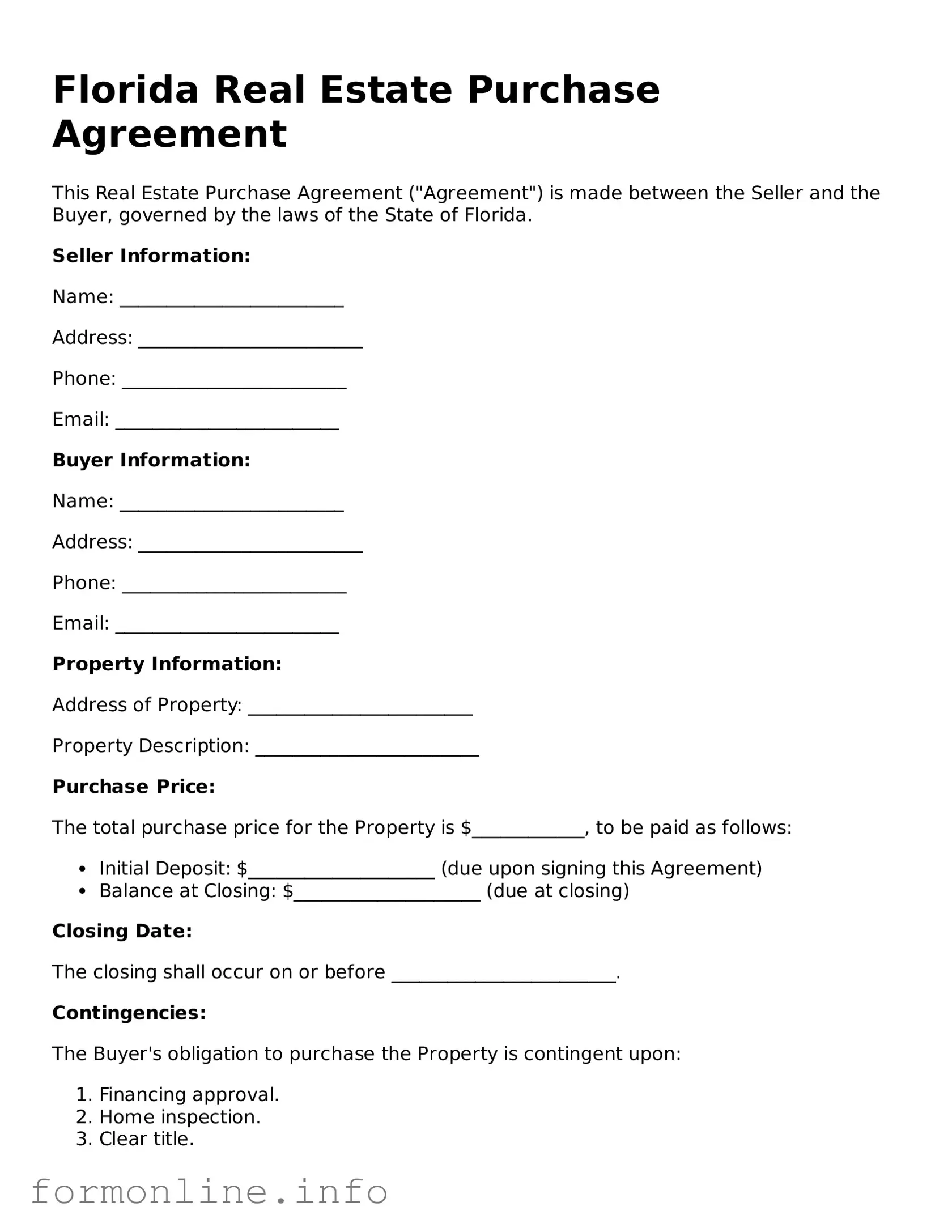 Free Real Estate Purchase Agreement Template for Florida State