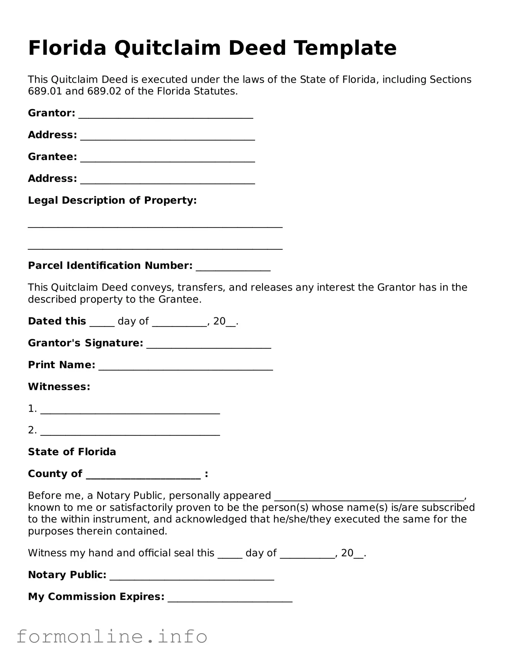 Free Quitclaim Deed Template for Florida State