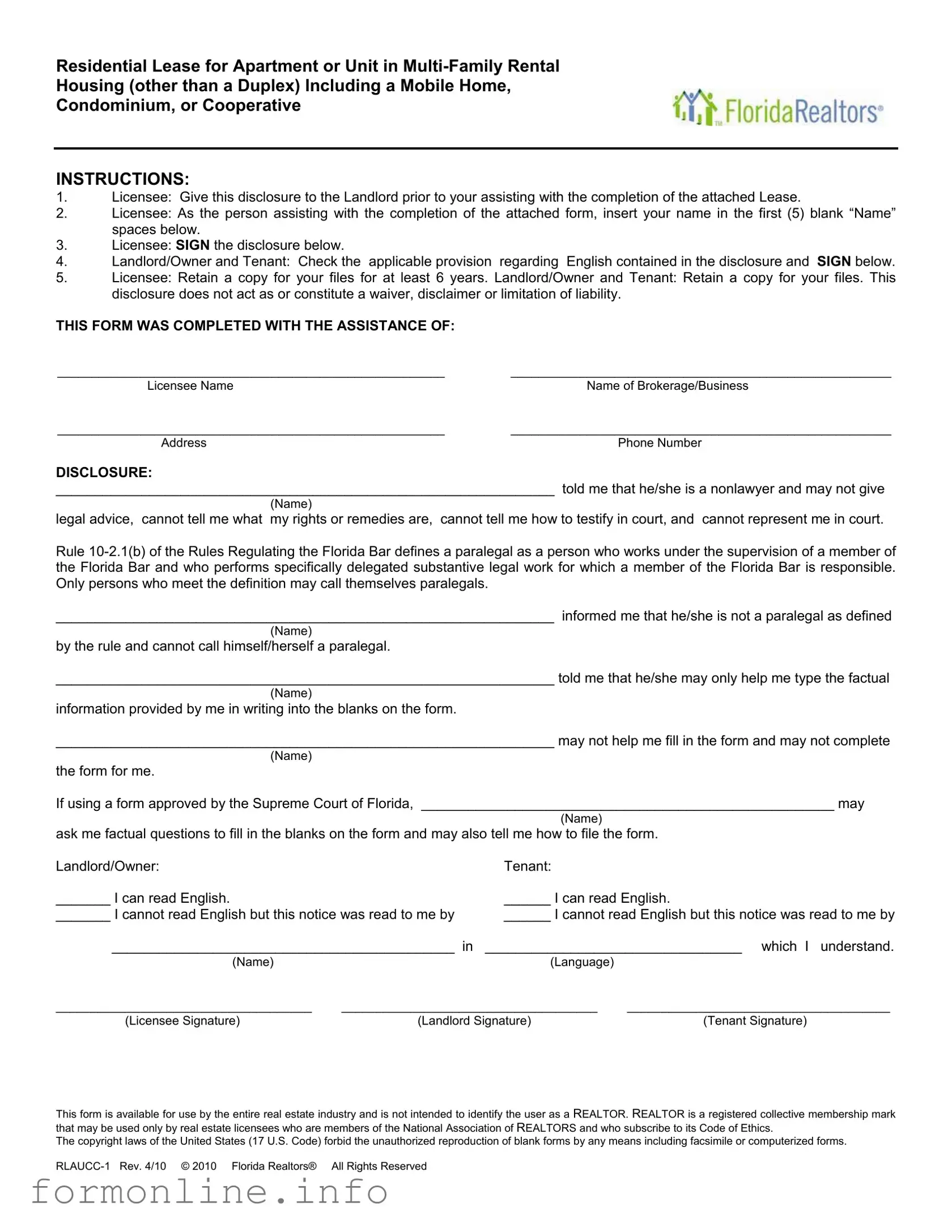 Fill Out a Valid Florida Realtors Residential Lease Form