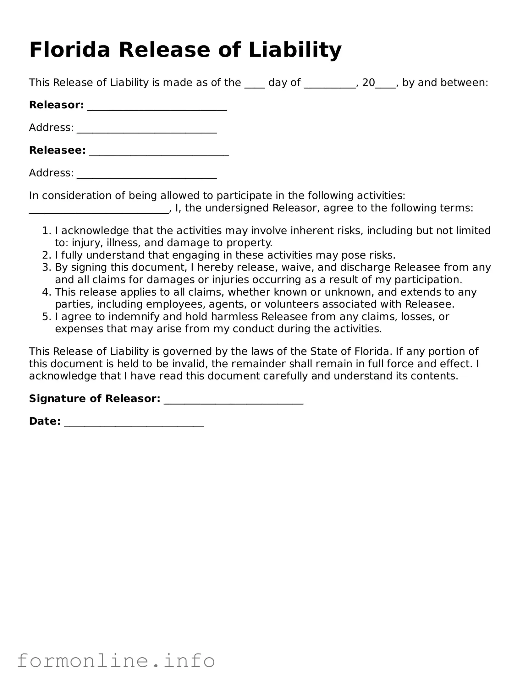 Free Release of Liability Template for Florida State