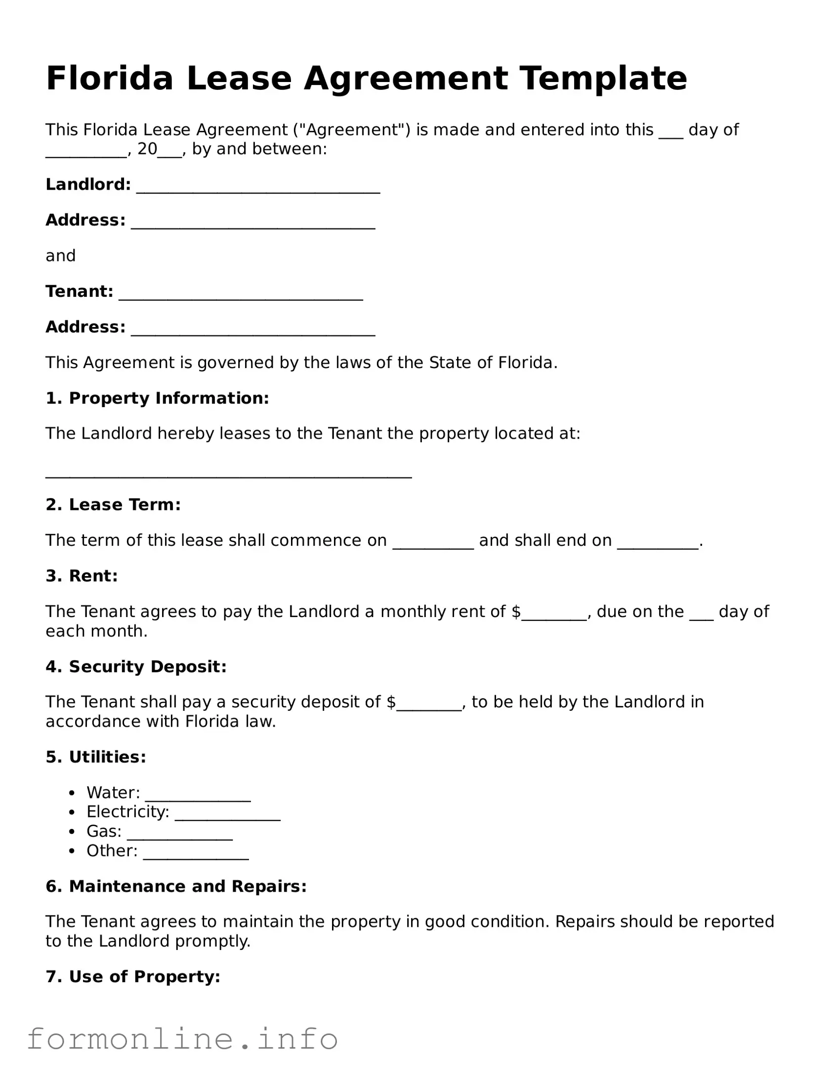 Free Lease Agreement Template for Florida State