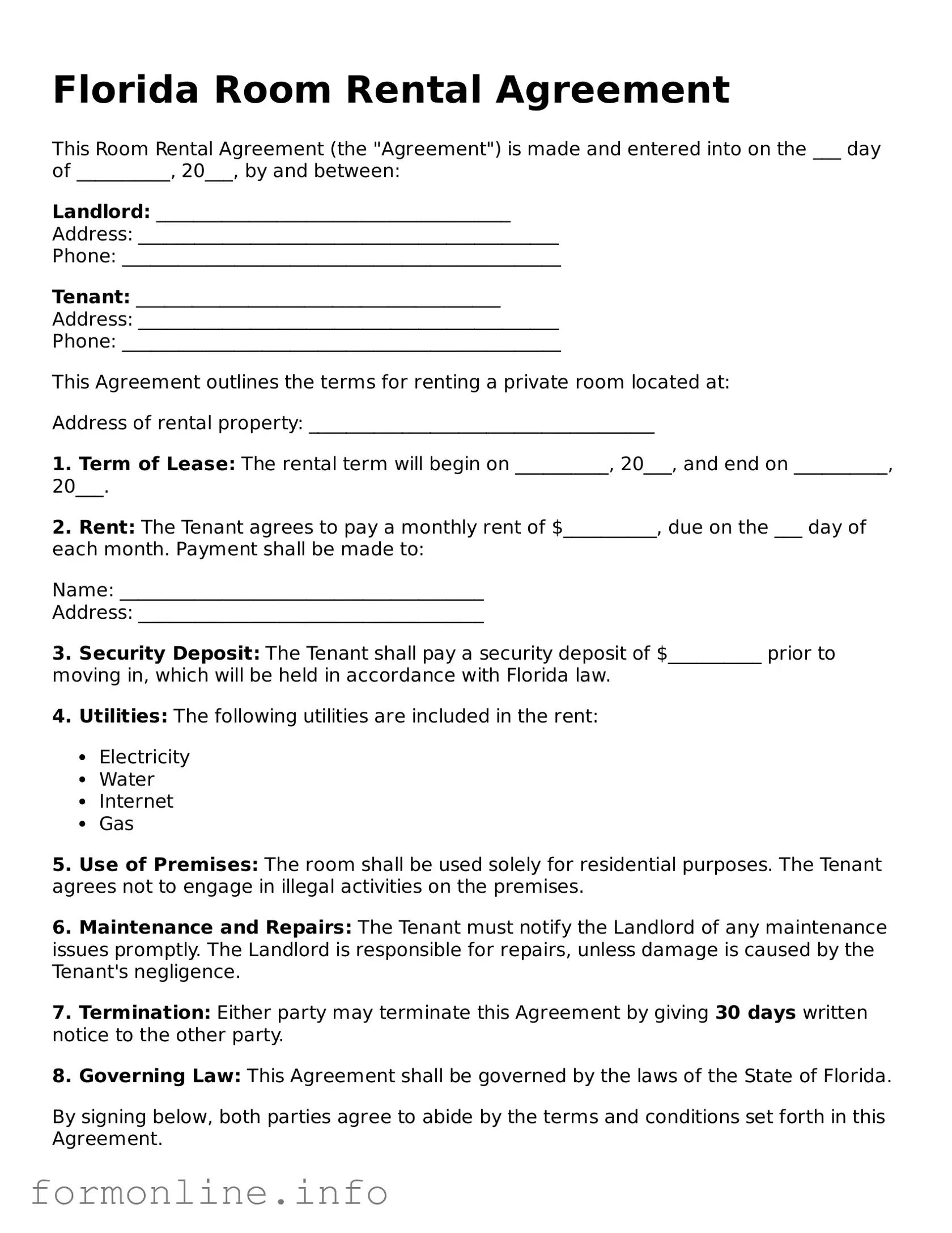 Free Room Rental Agreement Template for Florida State