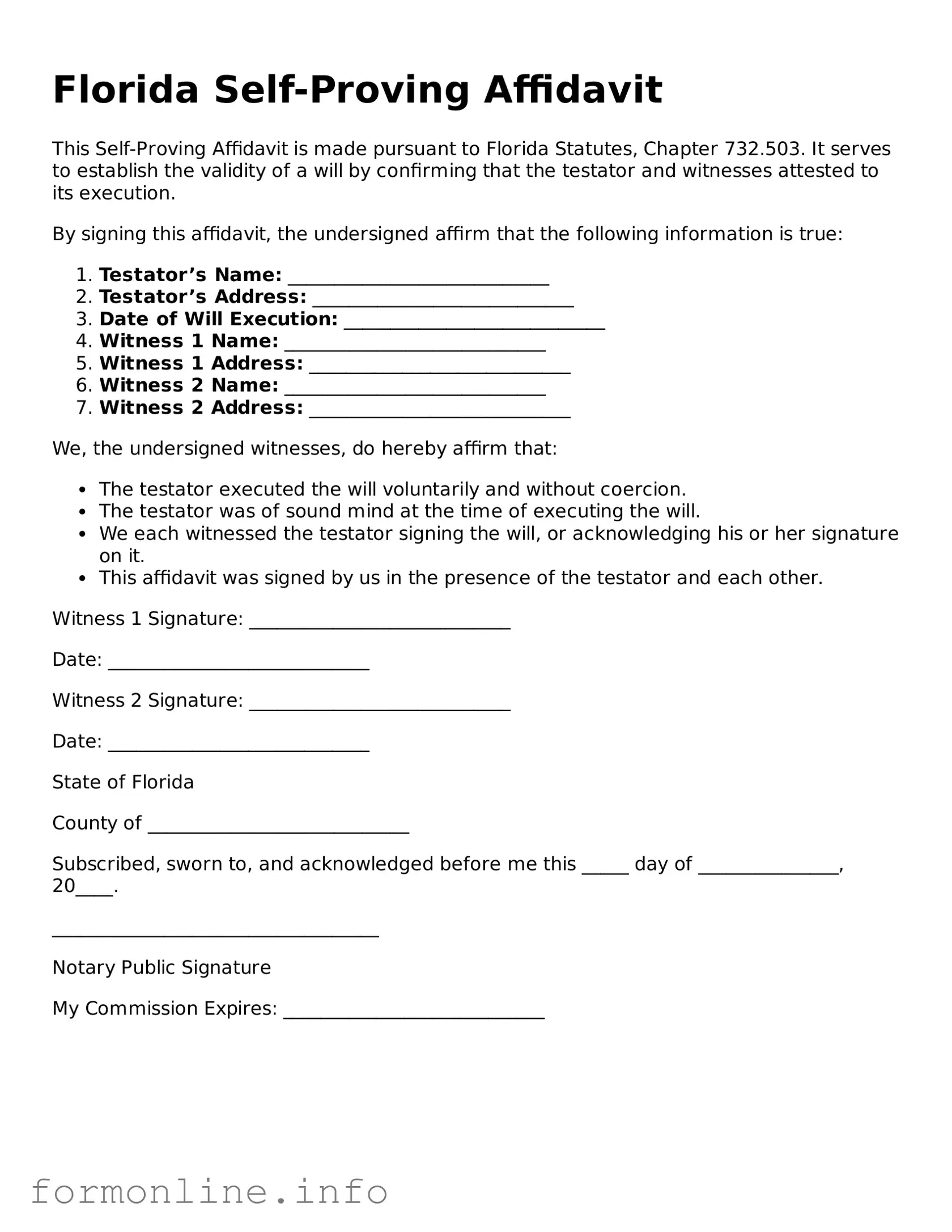 Free Self-Proving Affidavit Template for Florida State