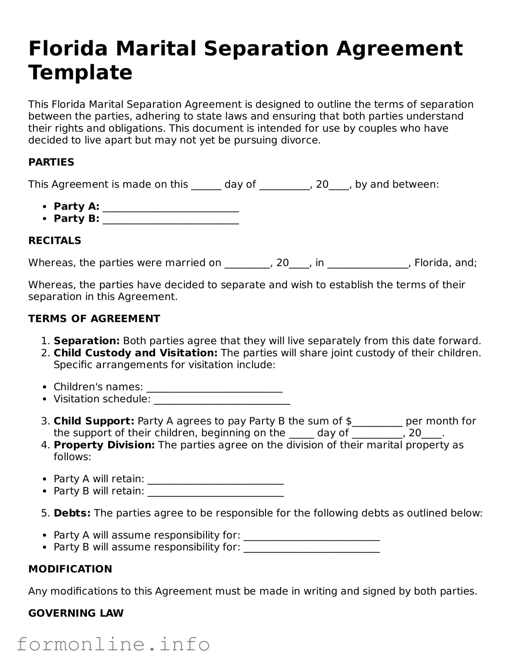 Free Marital Separation Agreement Template for Florida State