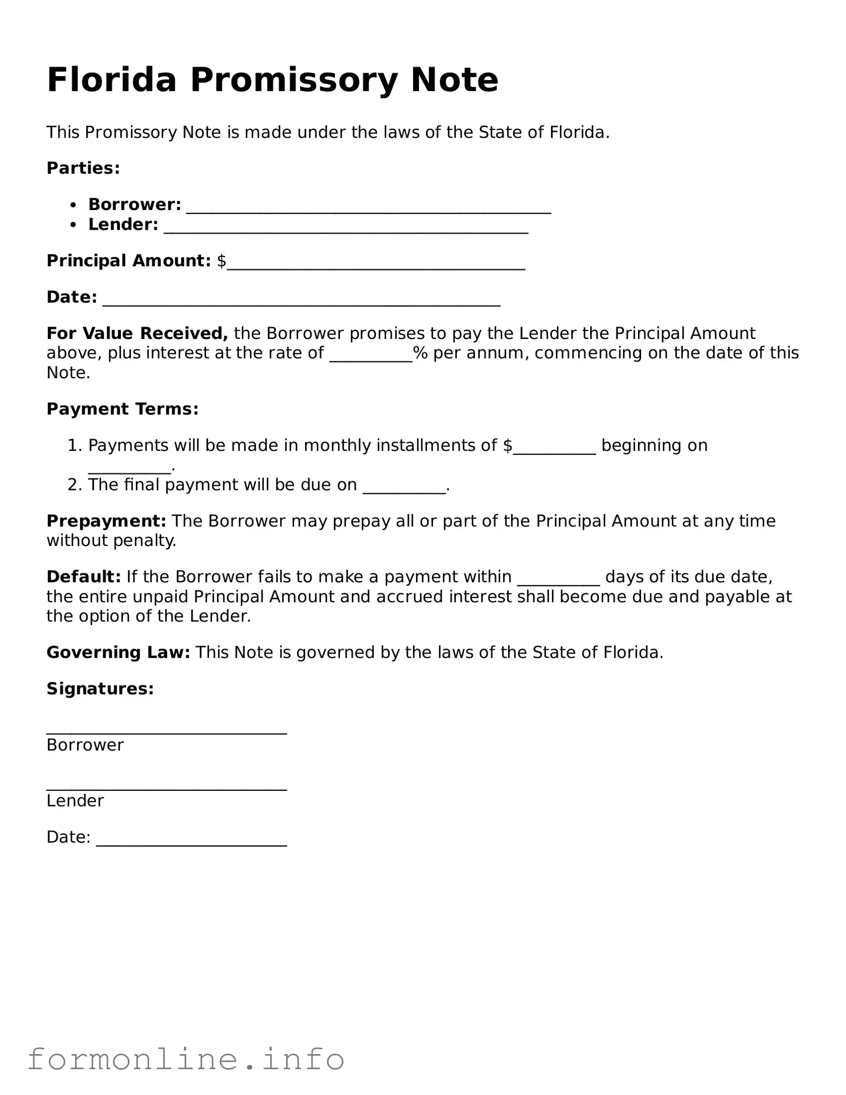 Free Promissory Note Template for Florida State