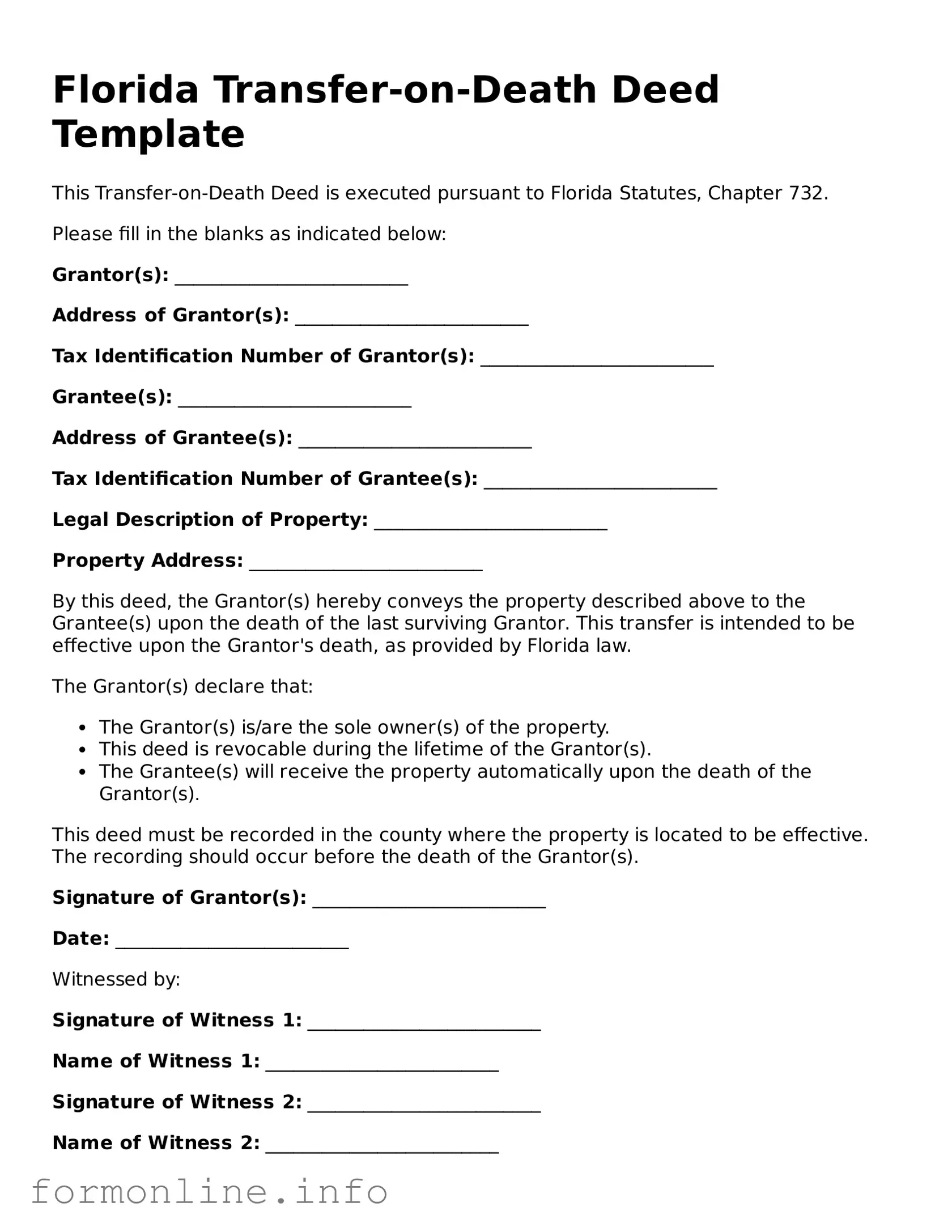 Free Transfer-on-Death Deed Template for Florida State