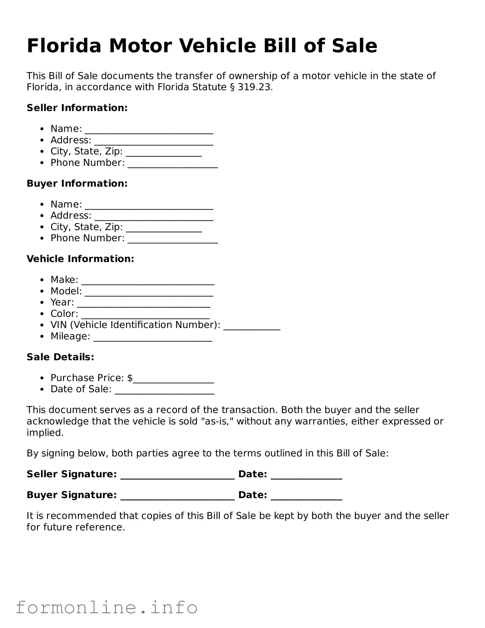 Free Motor Vehicle Bill of Sale Template for Florida State