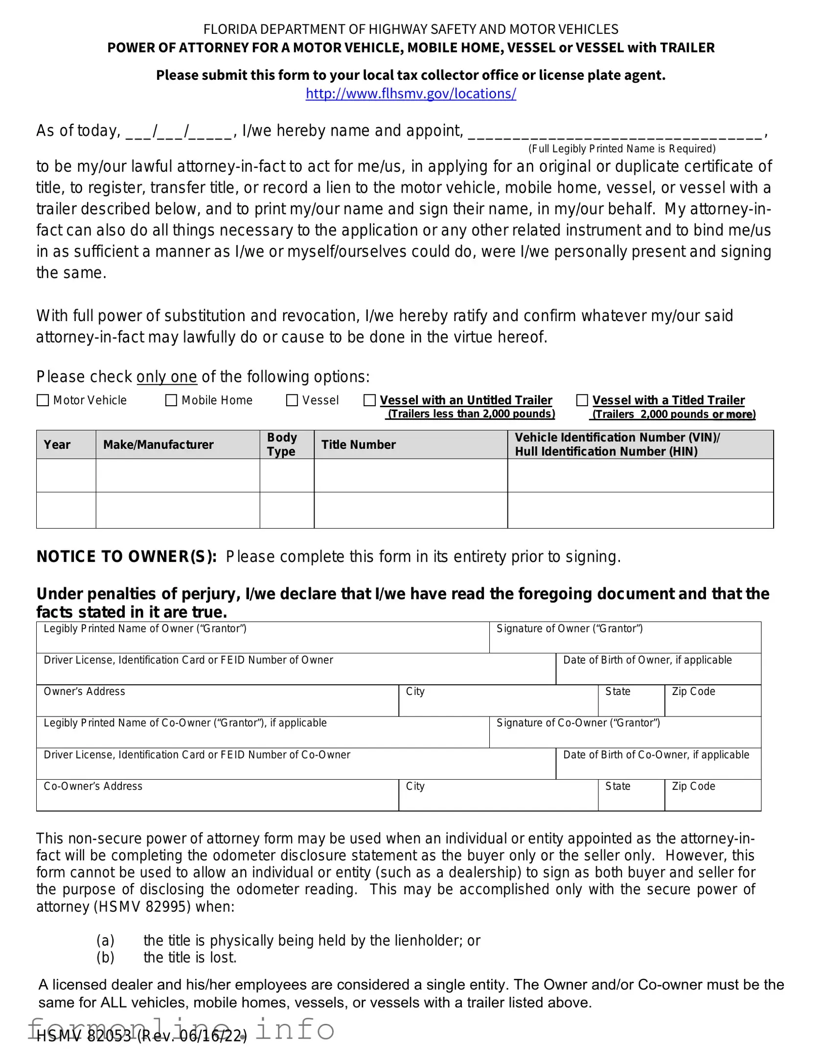 Fill Out a Valid Florida Vehicle POA form 82053 Form