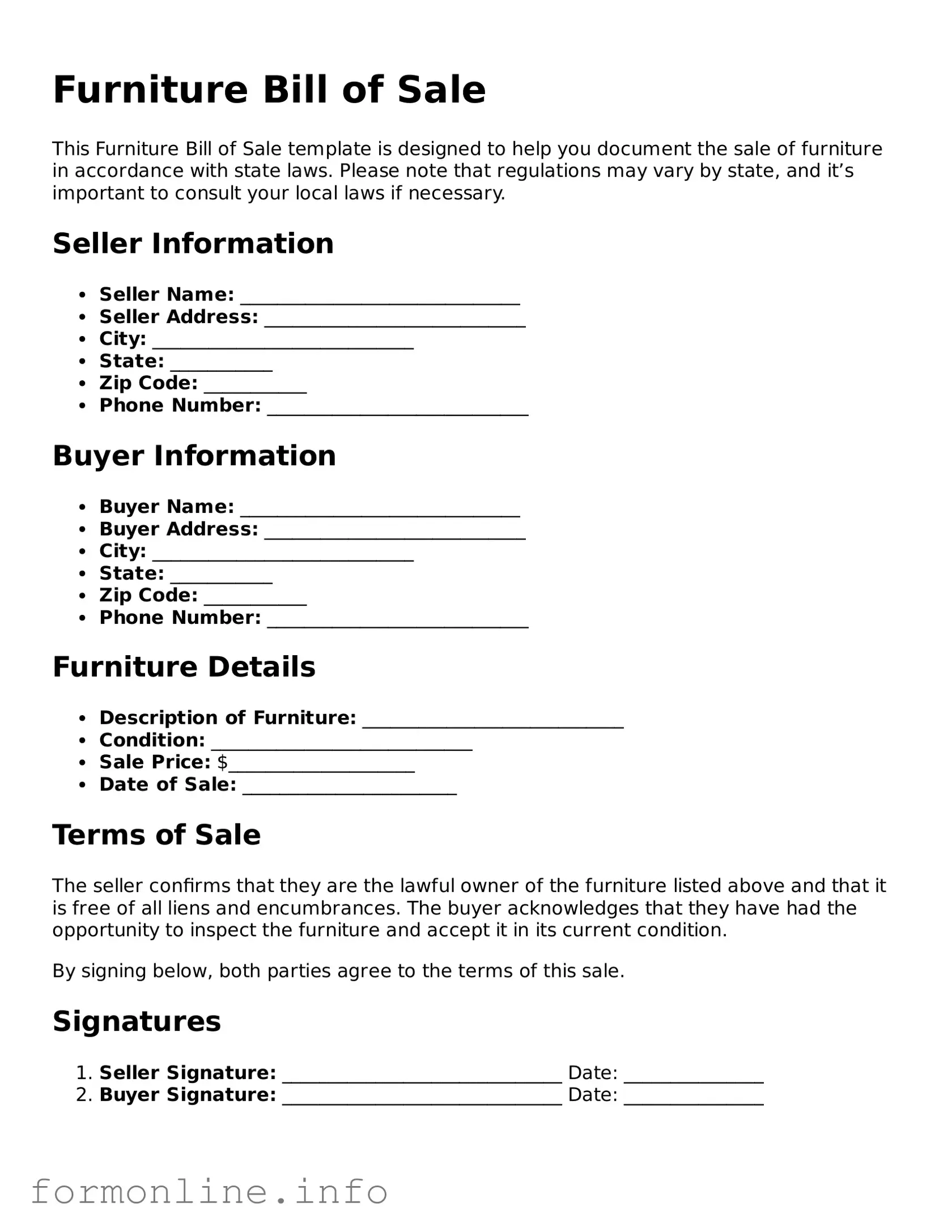 Printable Furniture Bill of Sale Form