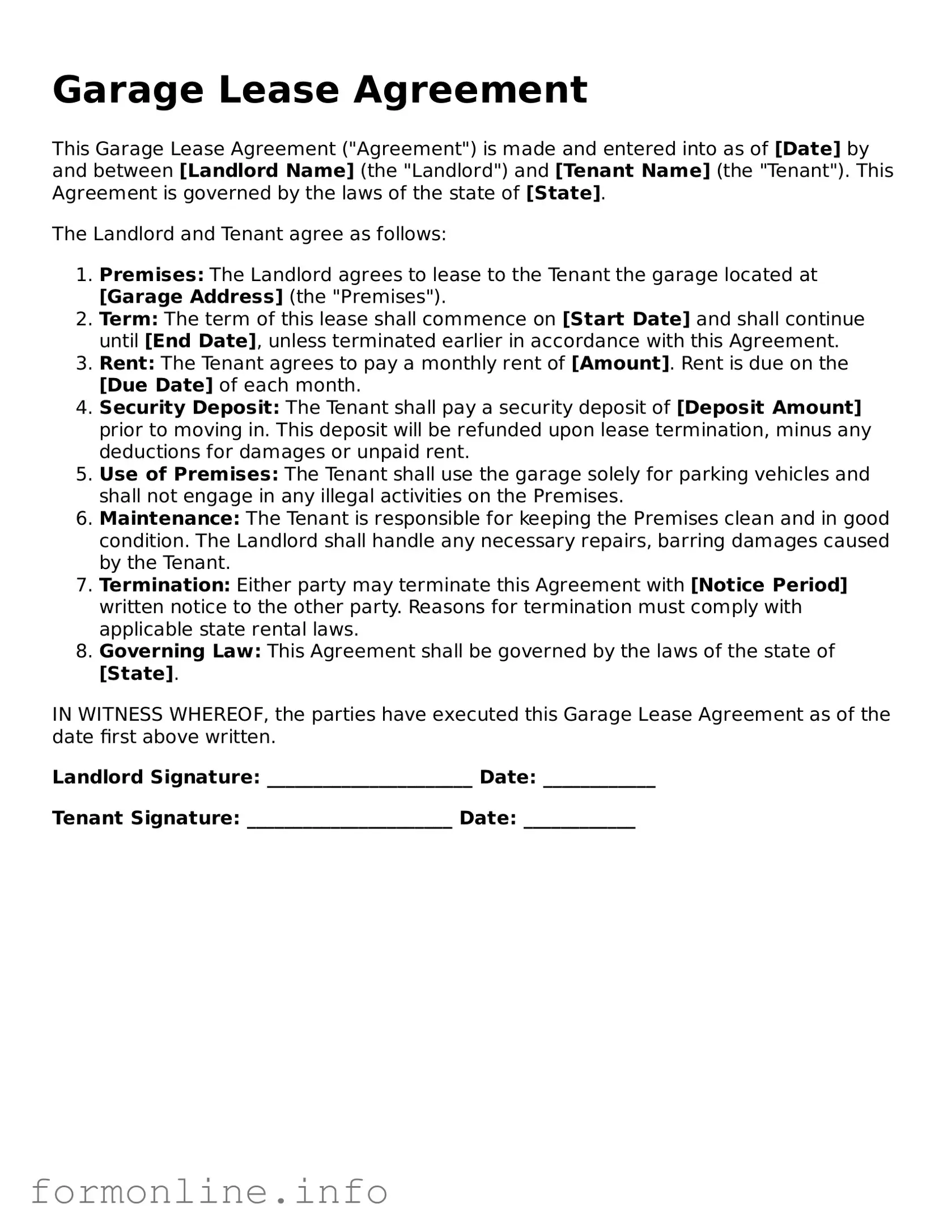 Printable Garage Lease Agreement Form
