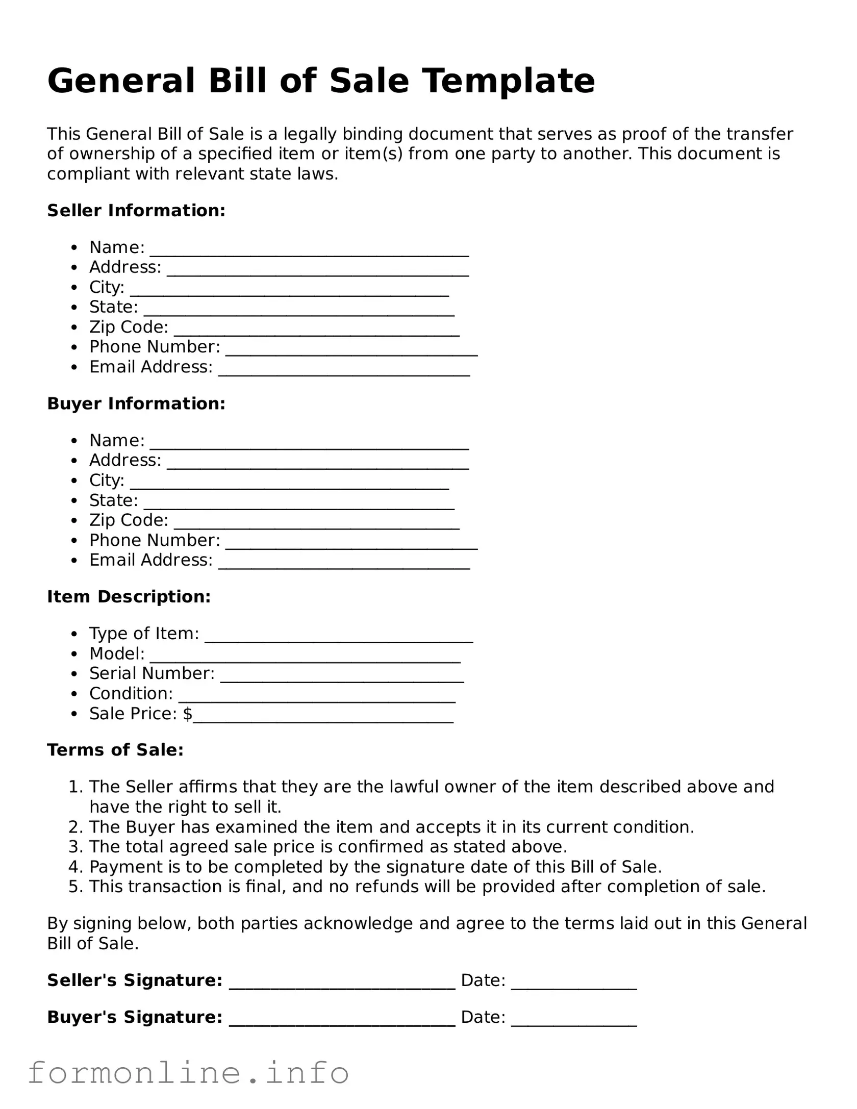 Printable General Bill of Sale Form