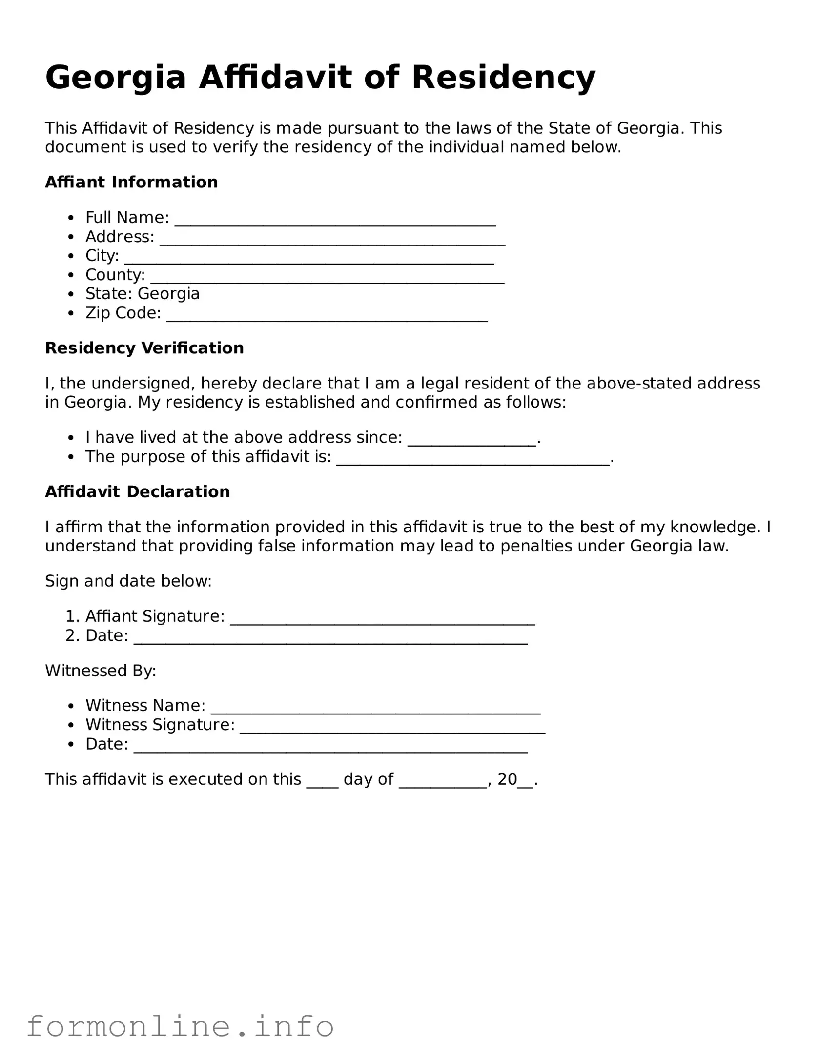 Free Affidavit of Residency Template for Georgia State