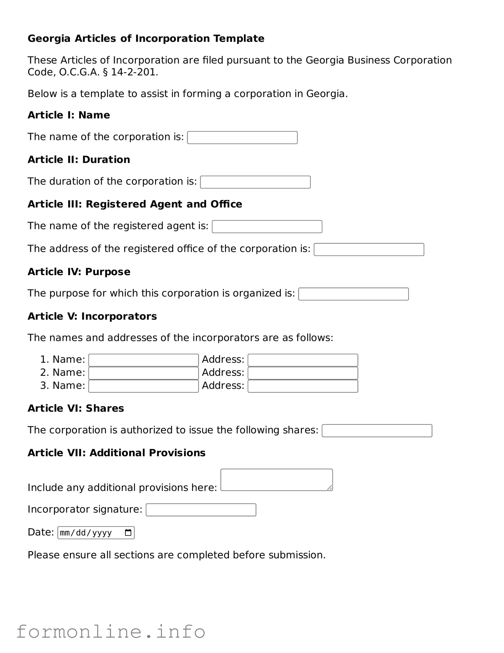 Free Articles of Incorporation Template for Georgia State