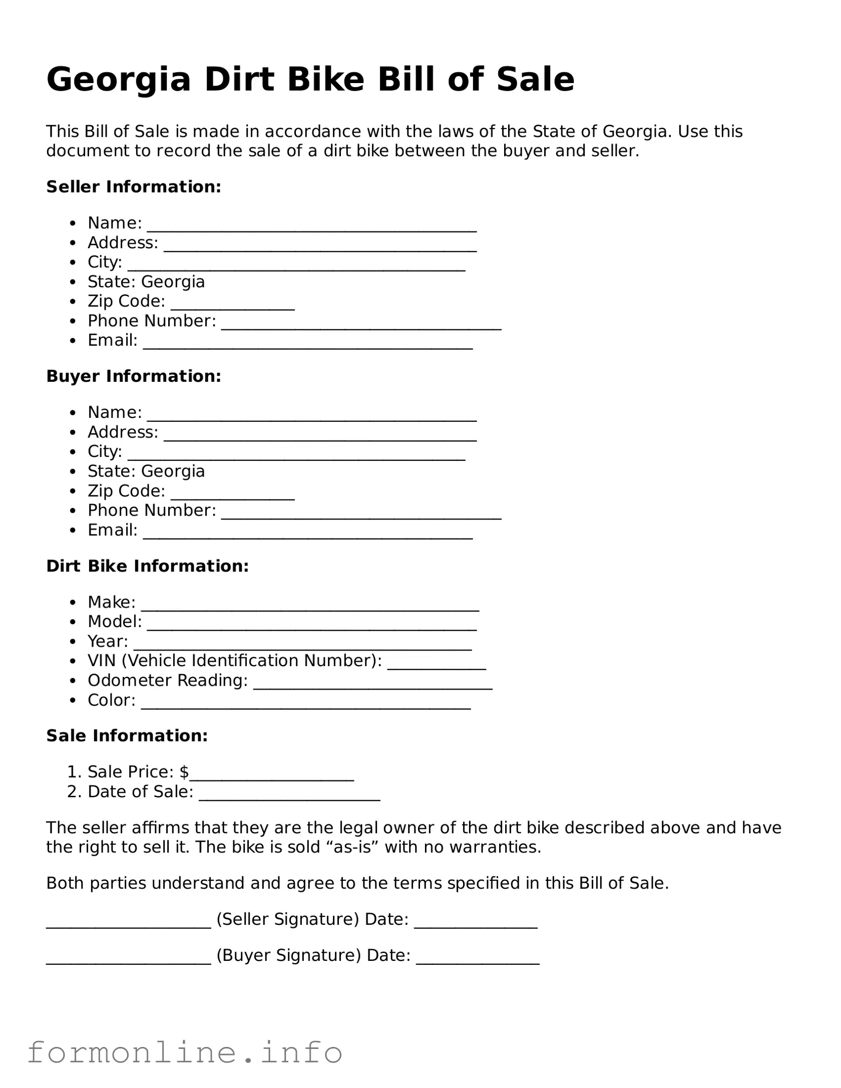 Free Dirt Bike Bill of Sale Template for Georgia State
