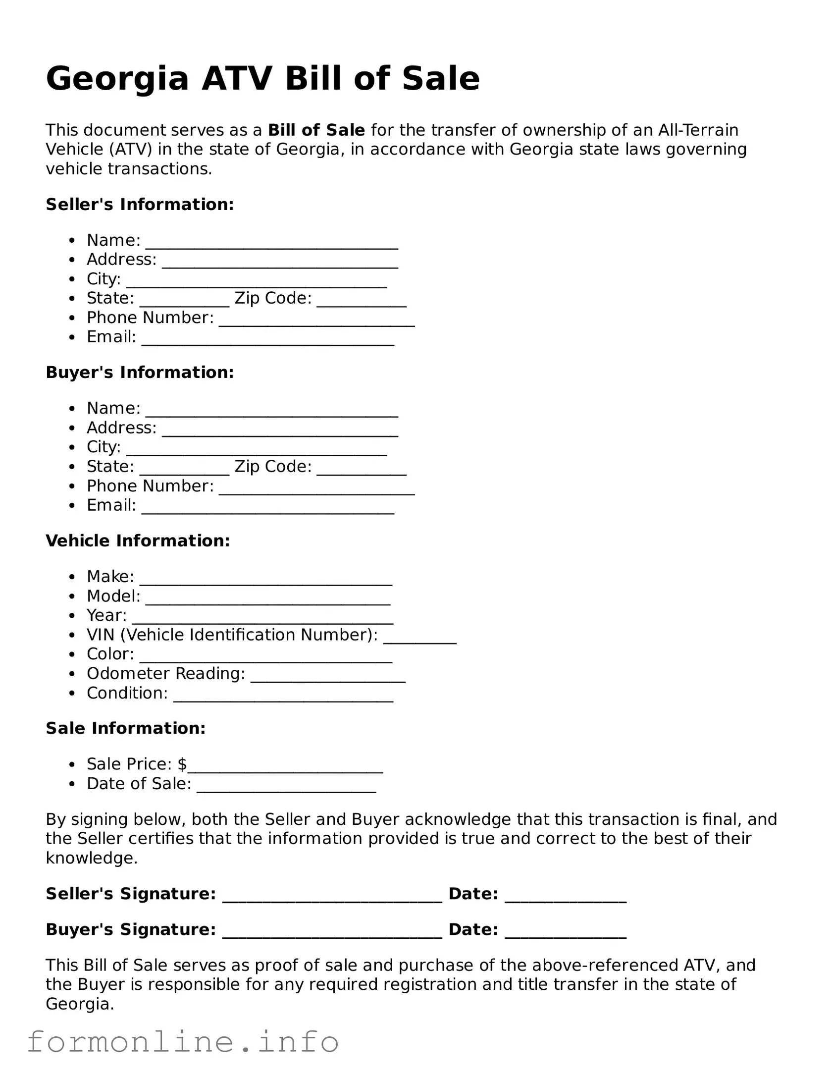 Free ATV Bill of Sale Template for Georgia State