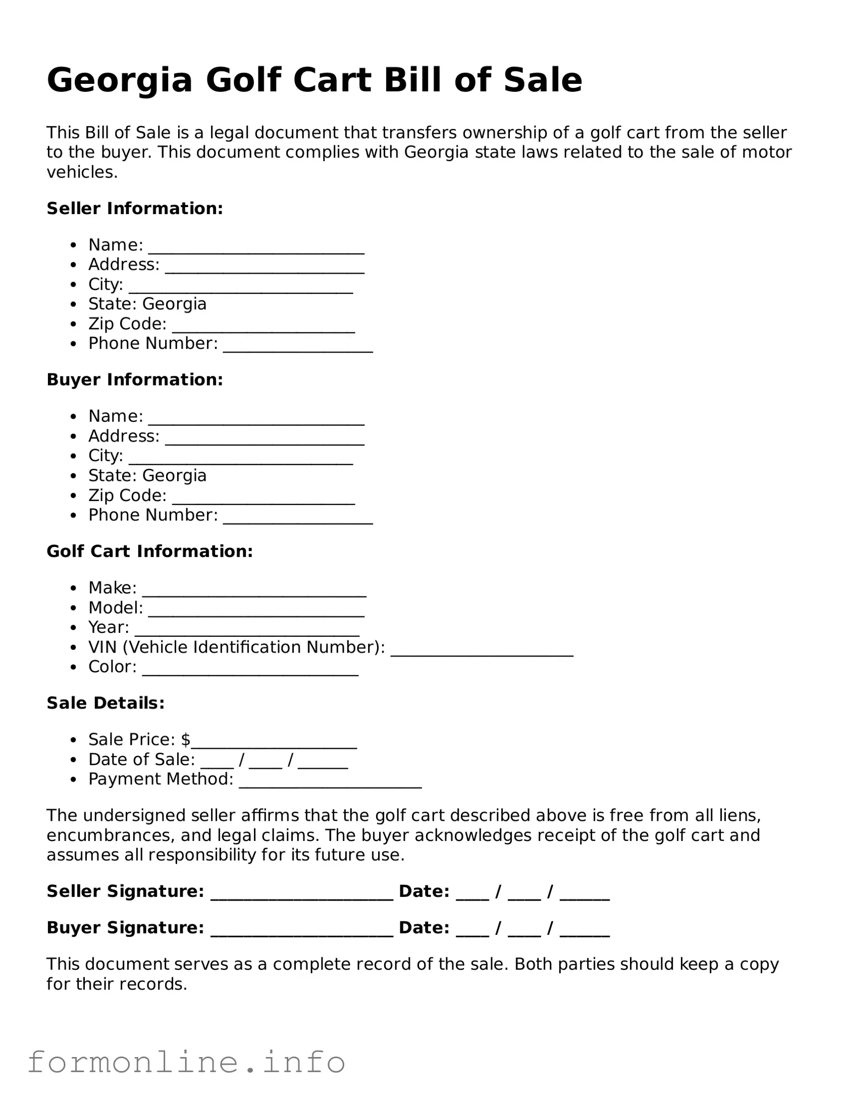 Free Golf Cart Bill of Sale Template for Georgia State