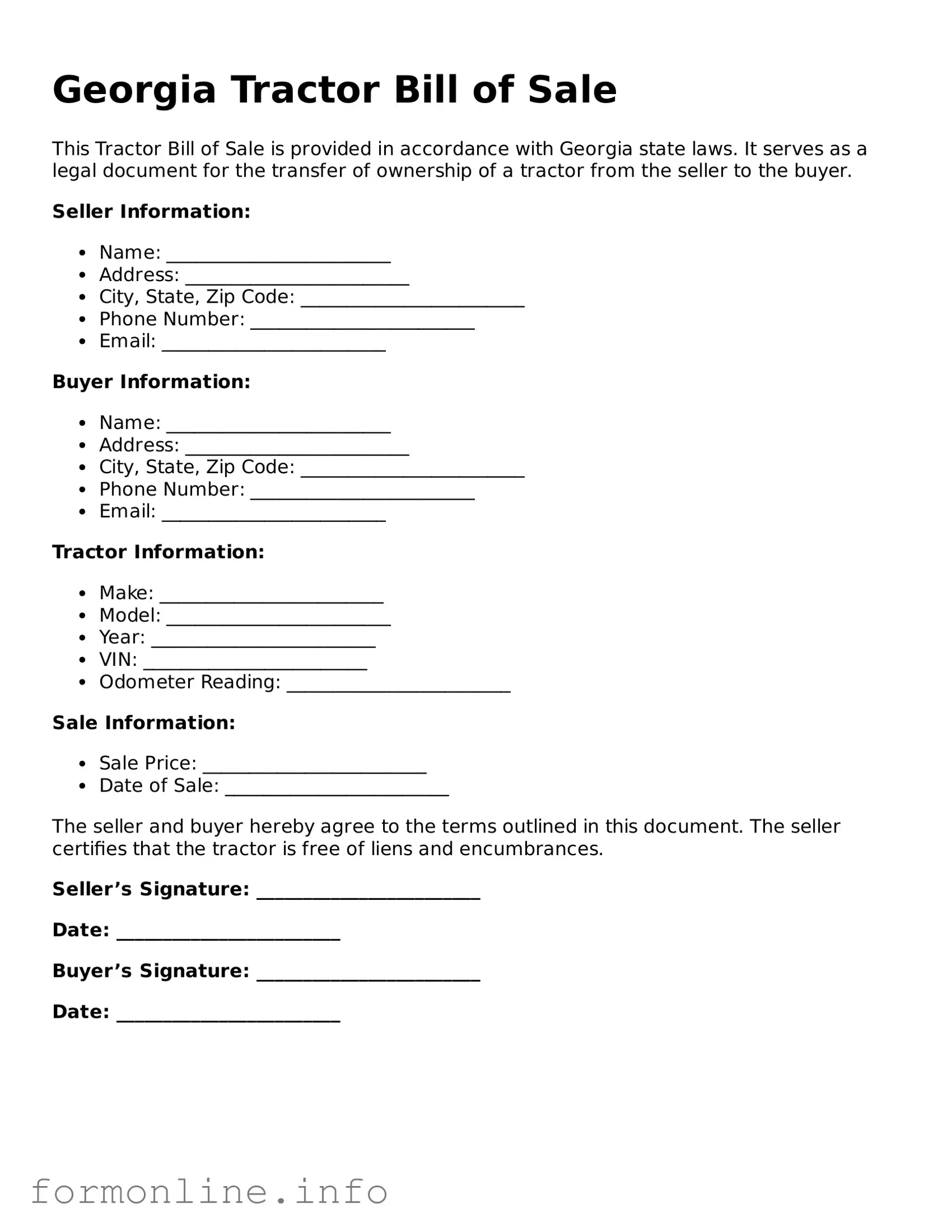 Free Tractor Bill of Sale Template for Georgia State